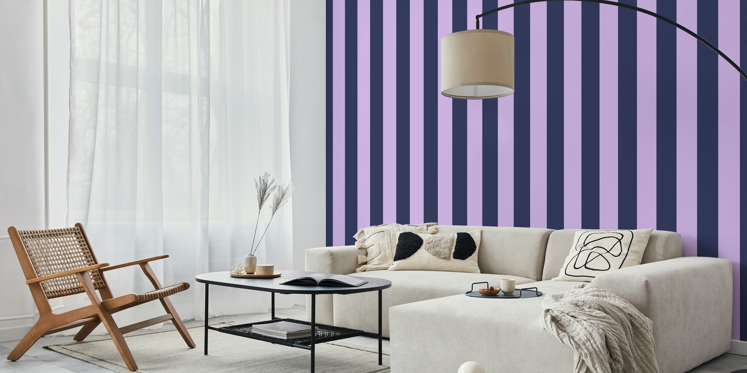 Lilac and navy blue awning stripe wallpaper in a room