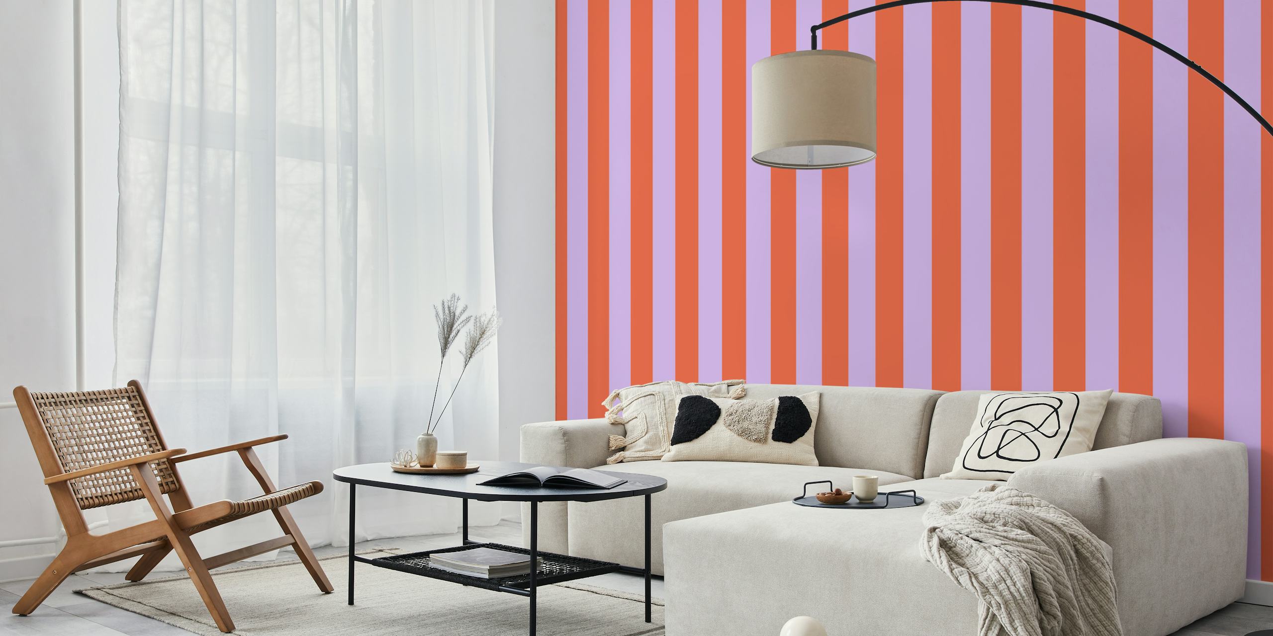 Lilac and red awning stripe wallpaper in a room