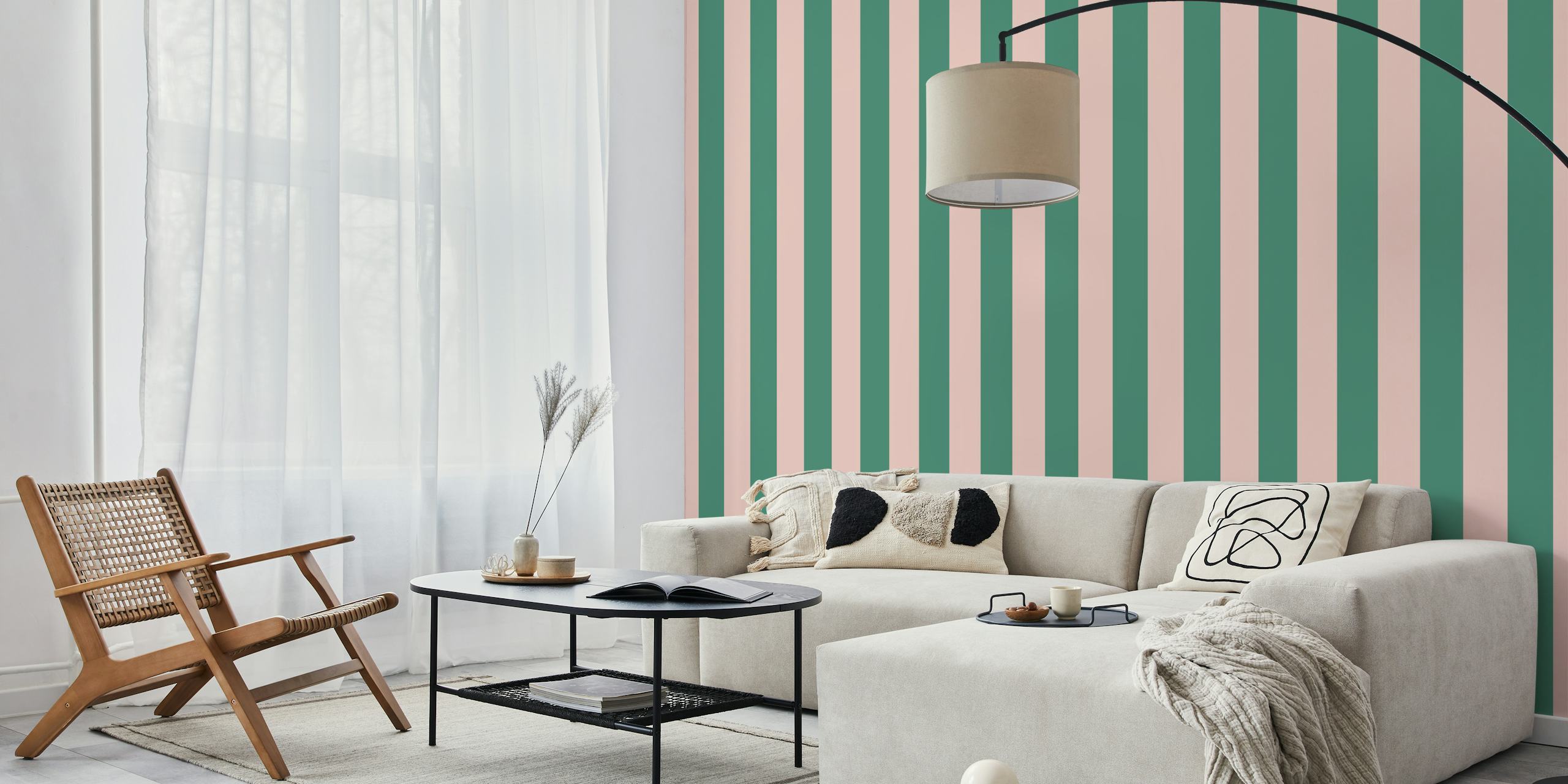 Pastel peach and green awning stripe wallpaper