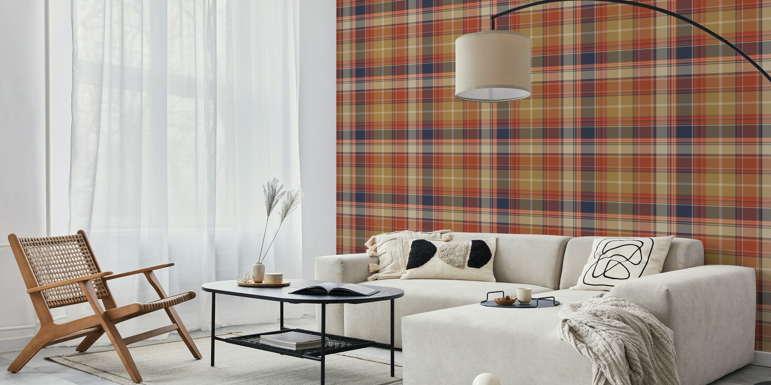 Plaid wallpaper in blue, rust, red, and beige colors with a classic check pattern
