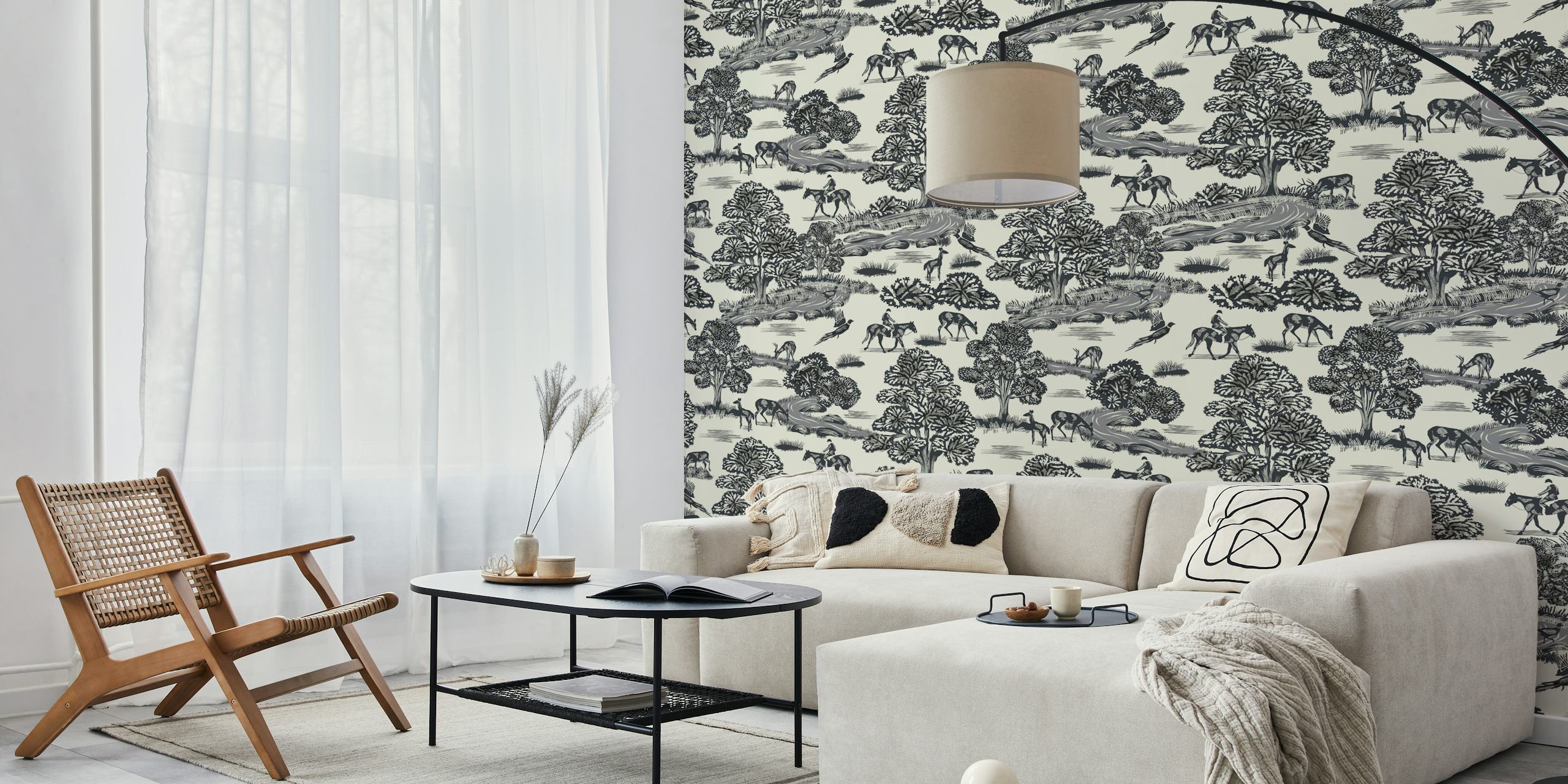 Animal scene wallpaper featuring black horses, trees, and plants on a light background.