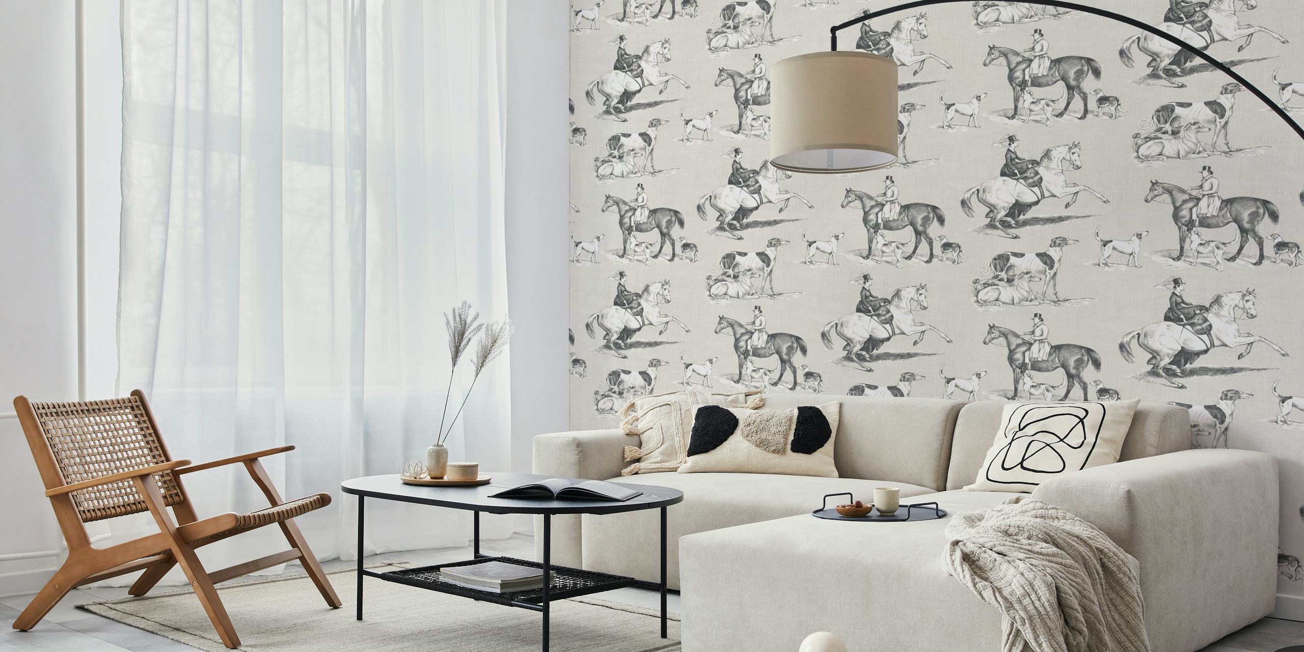 Equestrian toile wallpaper in soft grey