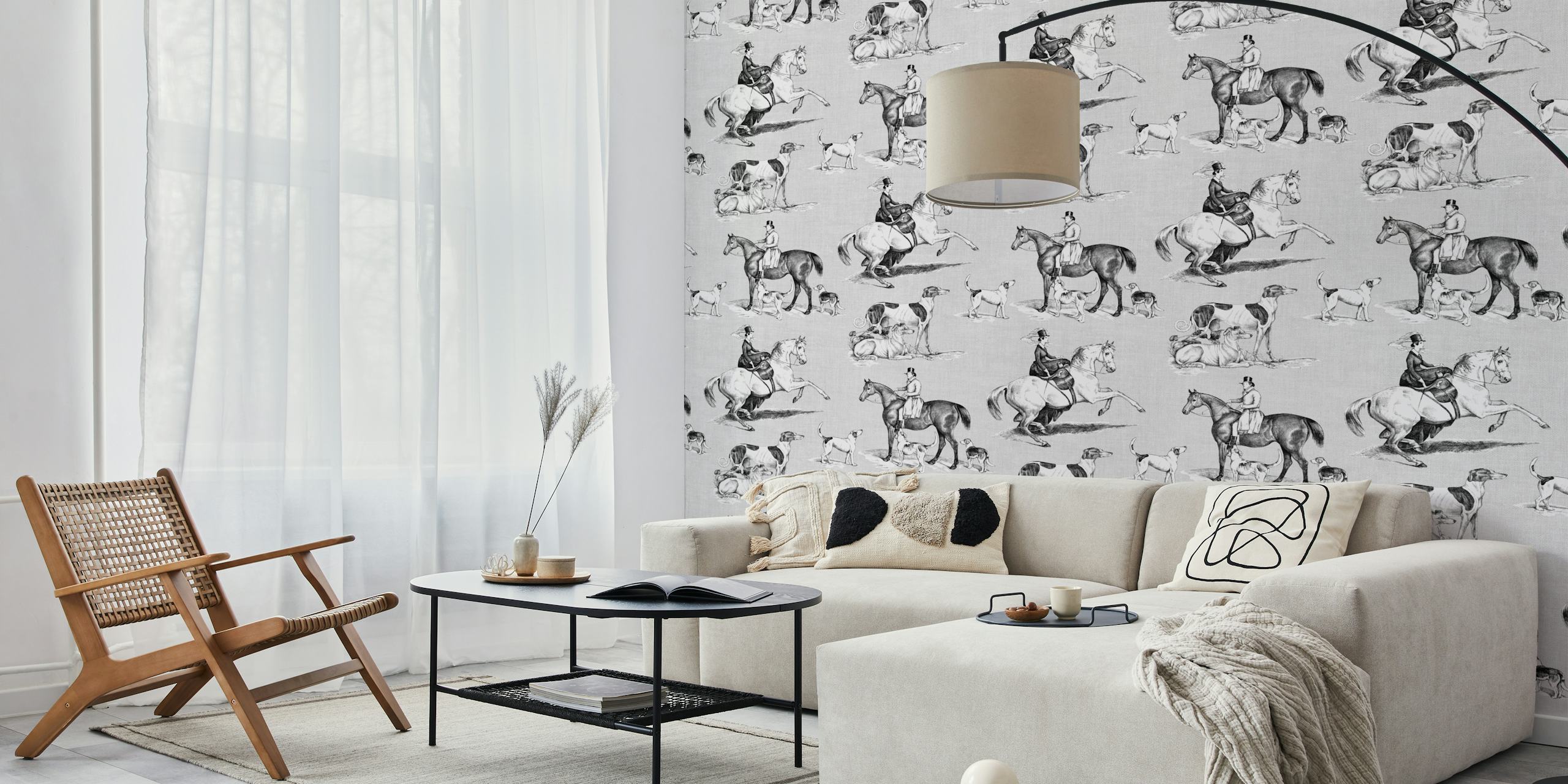 Black and white equestrian toile wallpaper