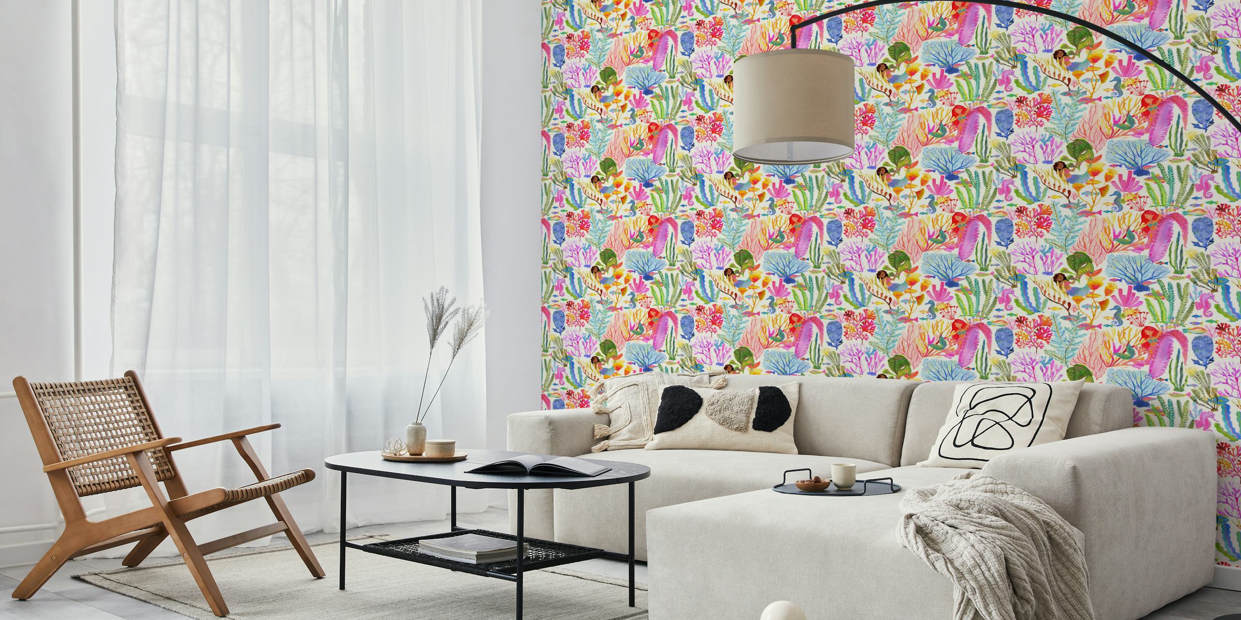 Mermaids, sea plants, fish in vibrant colors cream wallpaper