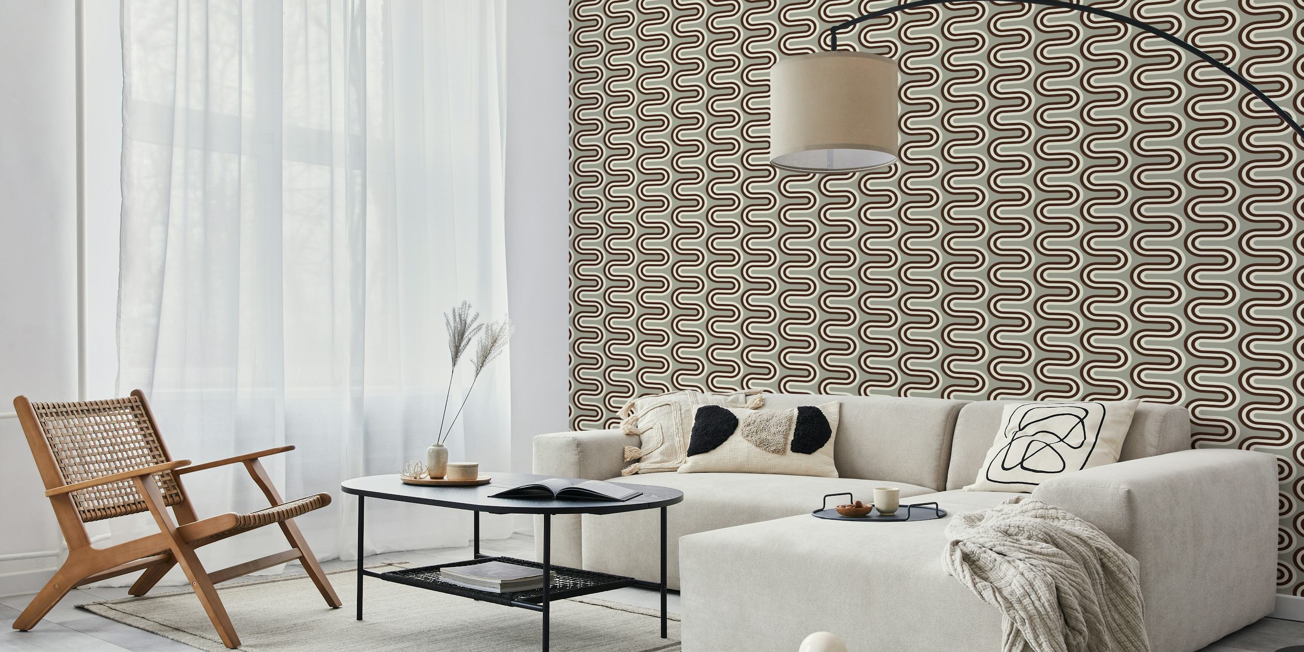 Gray and black zig-zag curved stripes patterned wallpaper