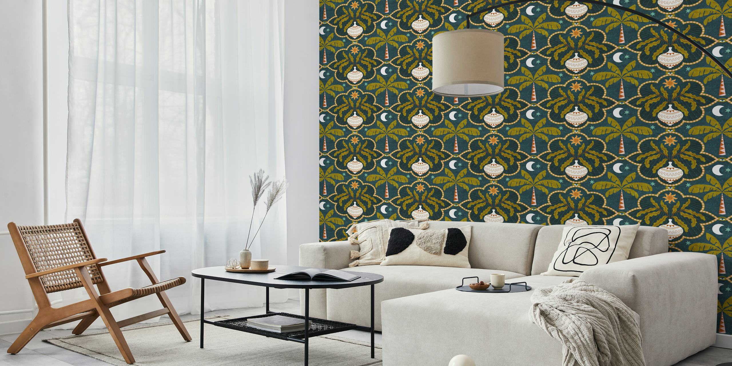 Dark Boho Celestial Moon Palm Tile wallpaper