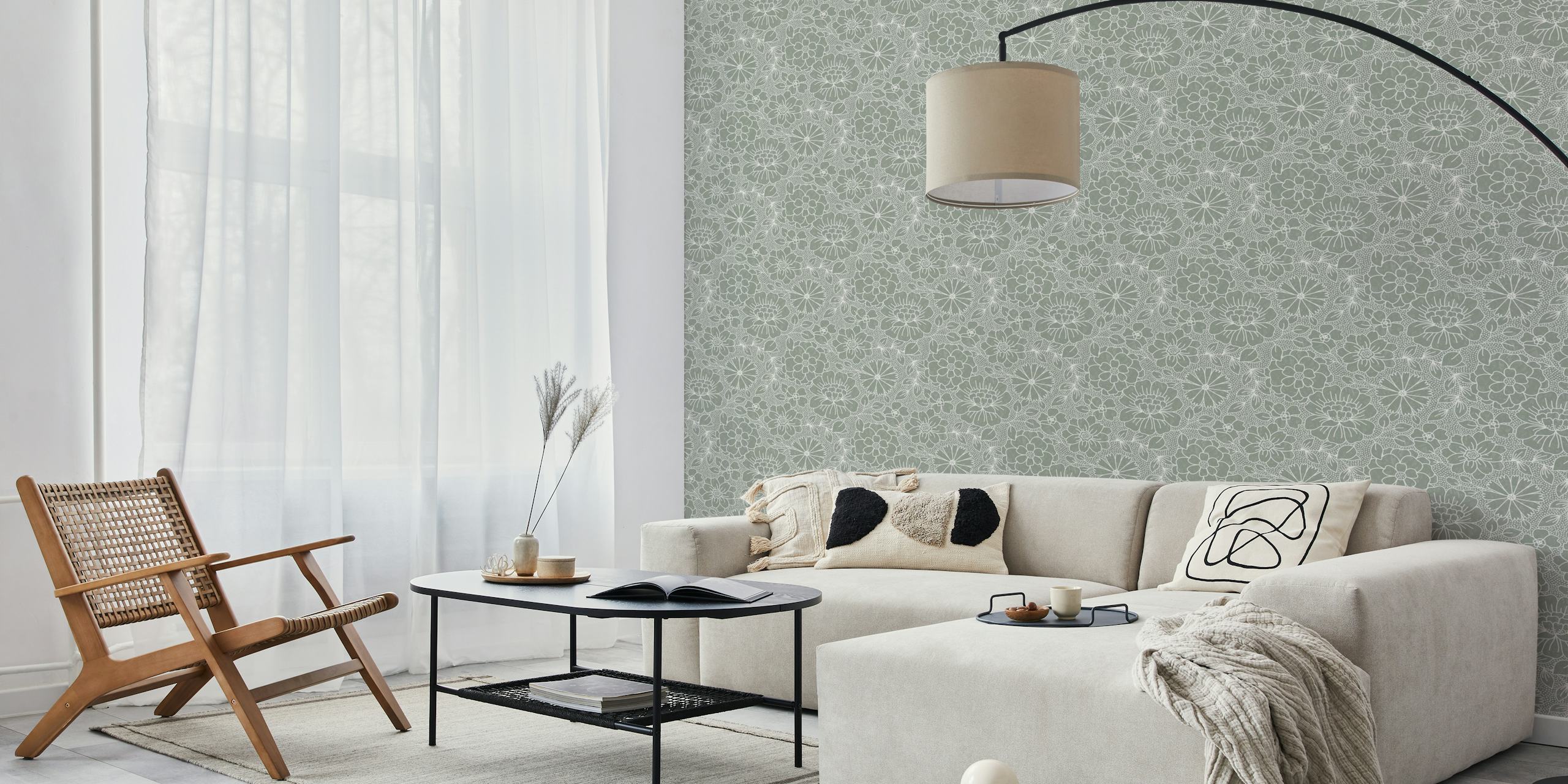 Sage green floral pattern with white outlines wallpaper