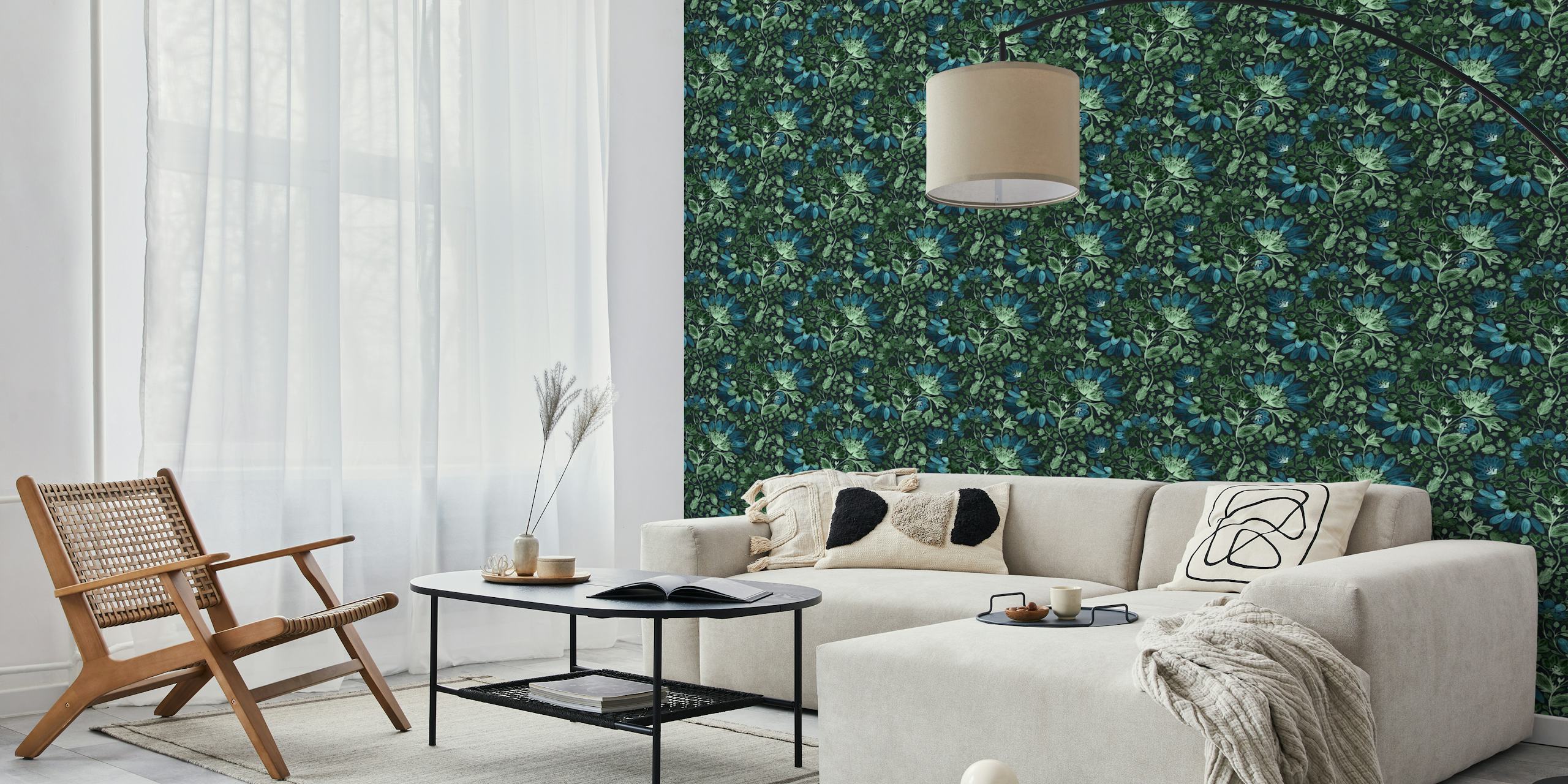 Emerald green and blue floral pattern on dark background wallpaper