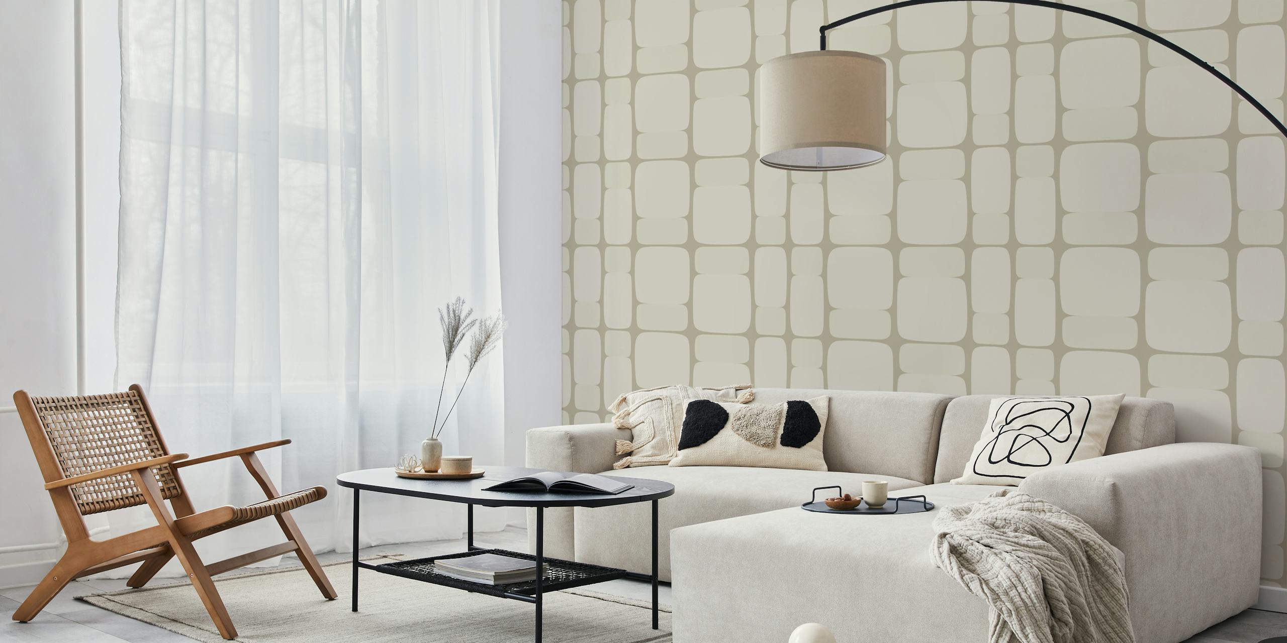 Neutral stone block art wallpaper in a room