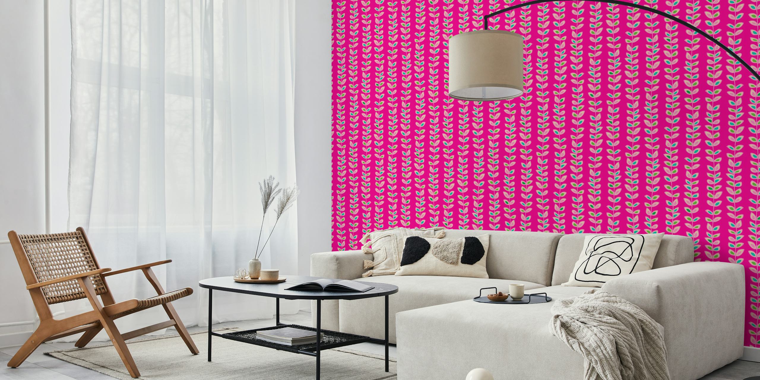 Ταπετσαρία Climbing Vines Stripe Retro Leaves Fuchsia στο δωμάτιο