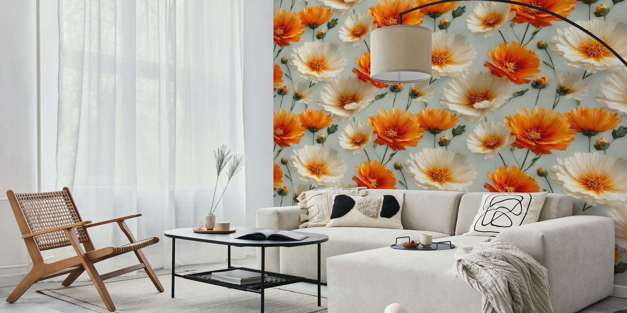 Orange and cream floral design on soft background wallpaper
