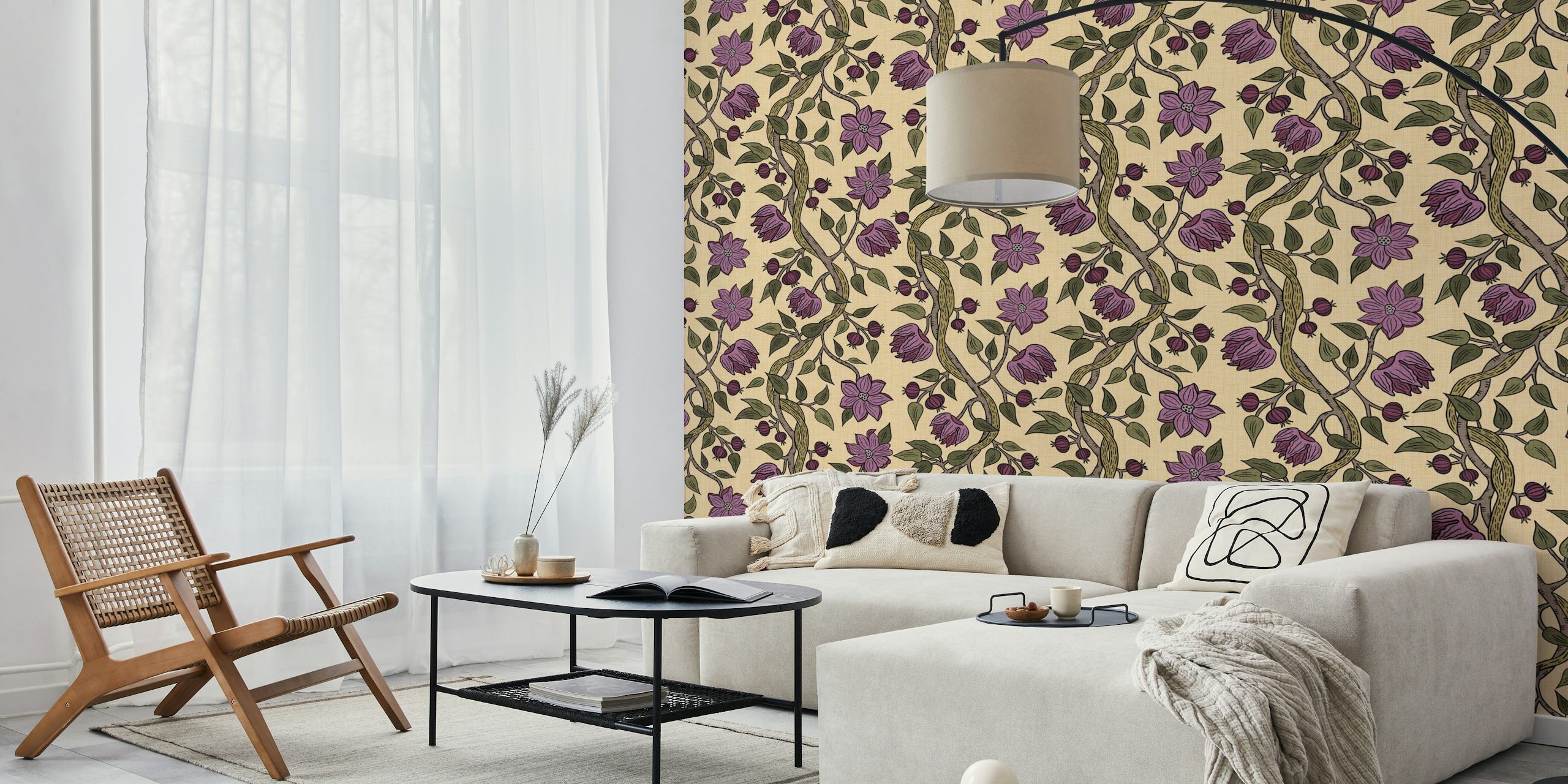 Violet flowers and vines on khaki background wallpaper