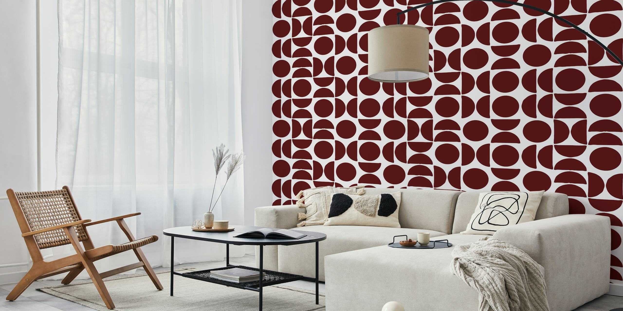 Trendy burgundy circle shapes wallpaper in room