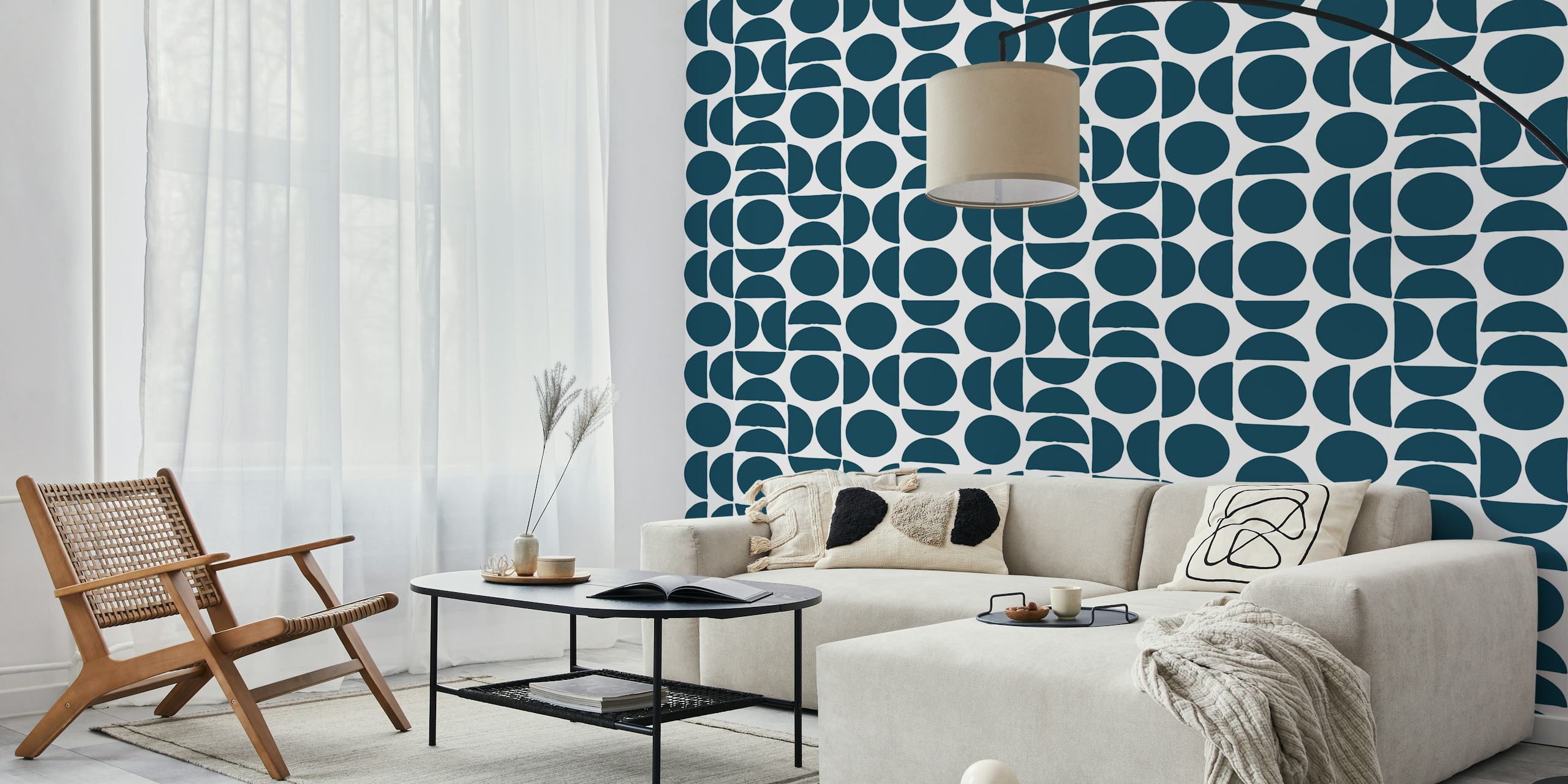 Geometric circle design in petrol blue and white wallpaper