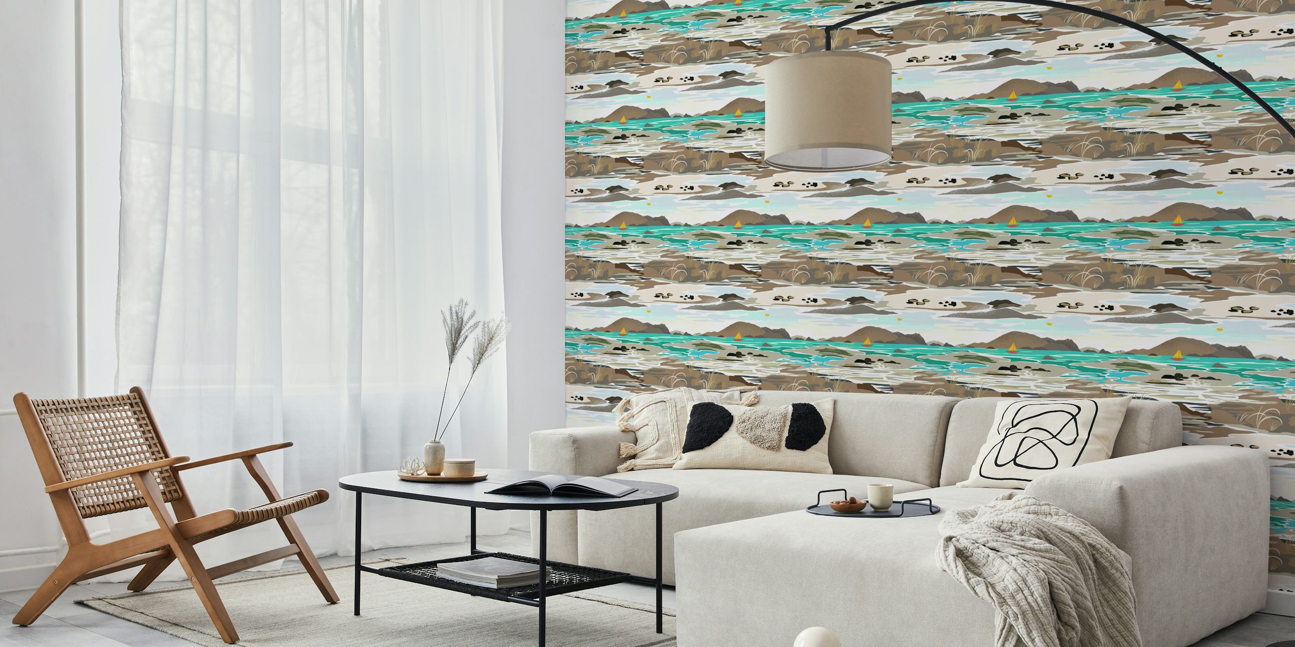Coastal landscape with teal water, brown rocks, and mountains wallpaper