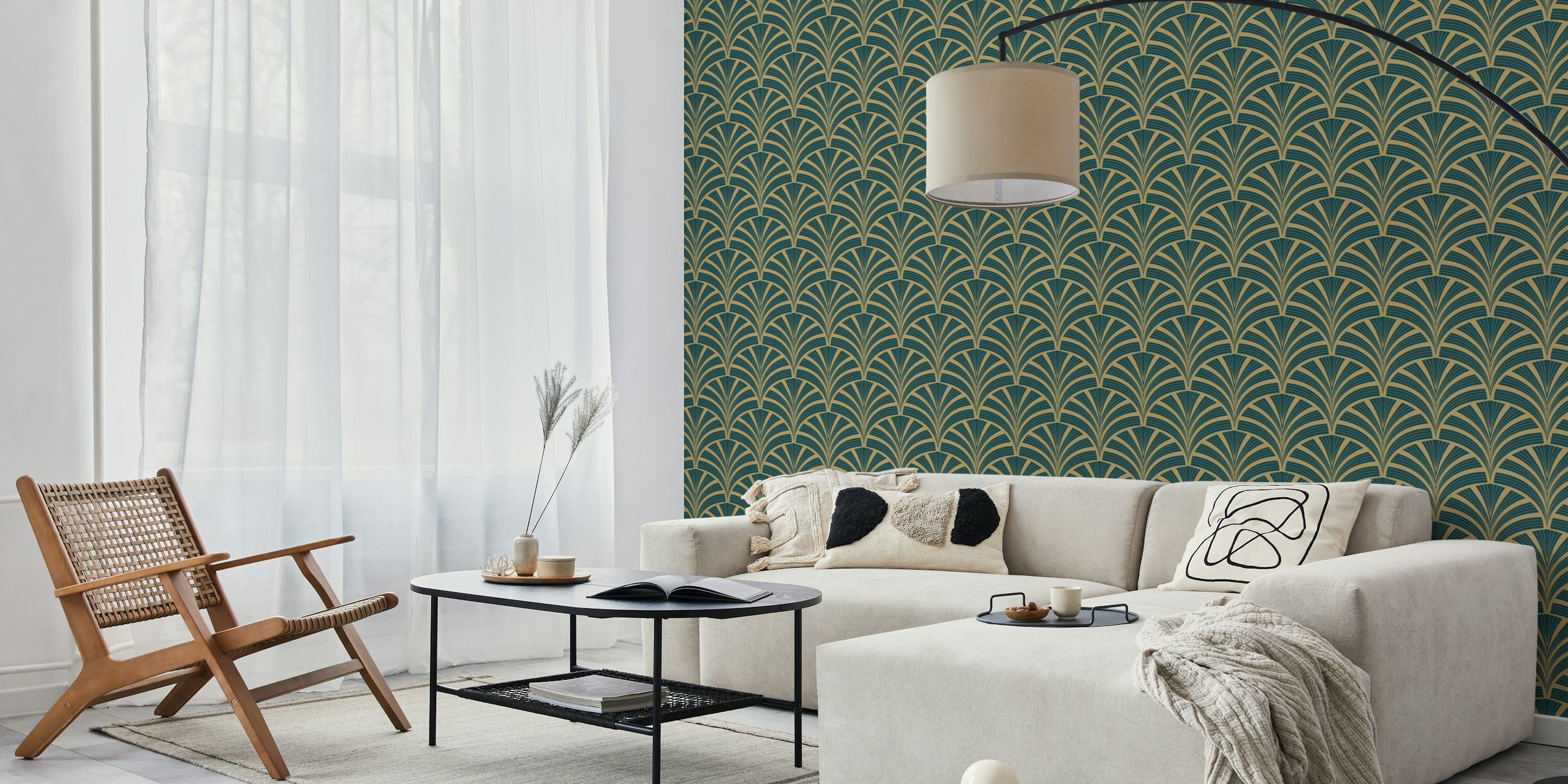 Art Deco palm frond pattern in deep teal and gold wallpaper