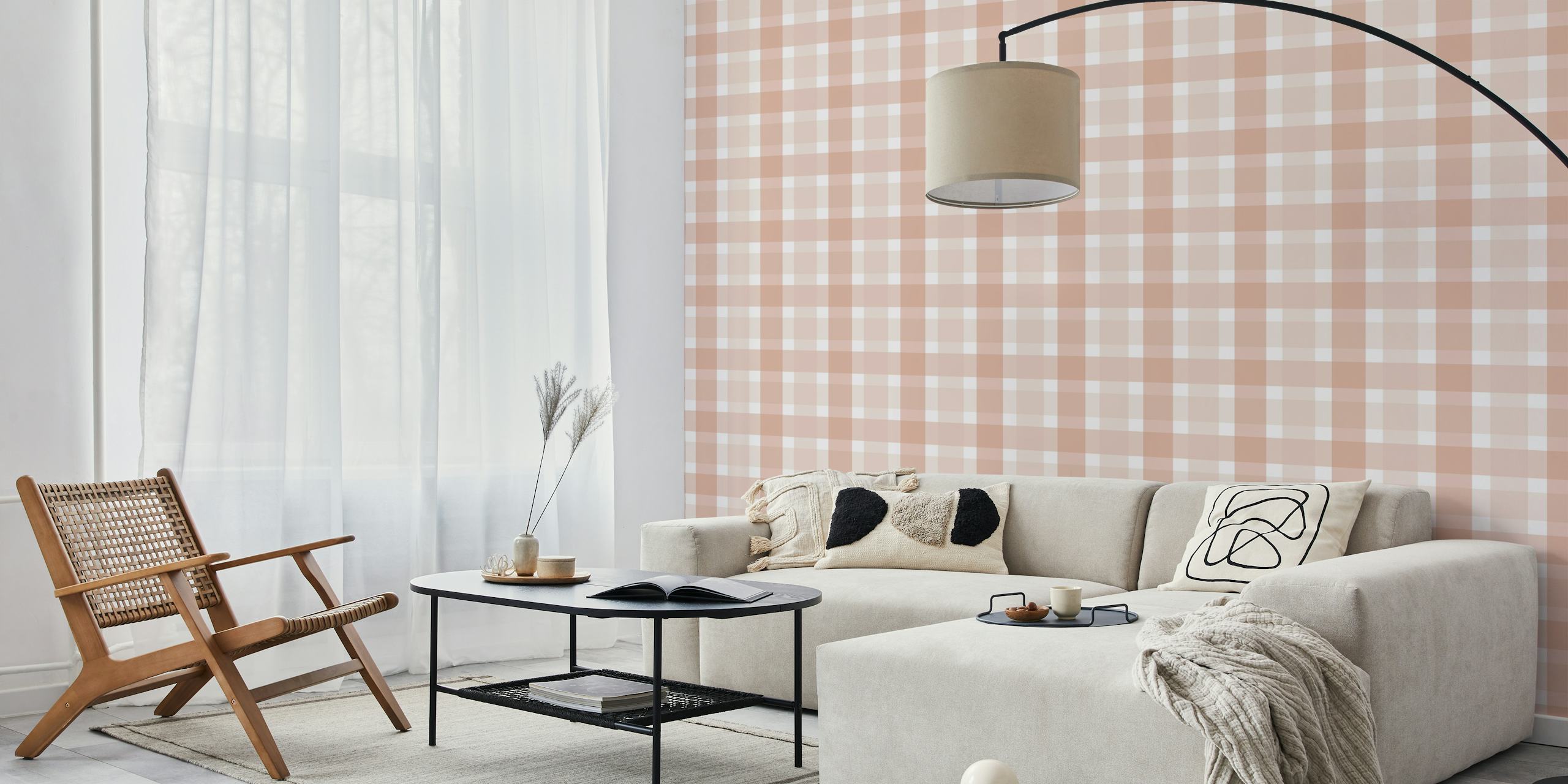 Rustic plaid wallpaper in a bright room