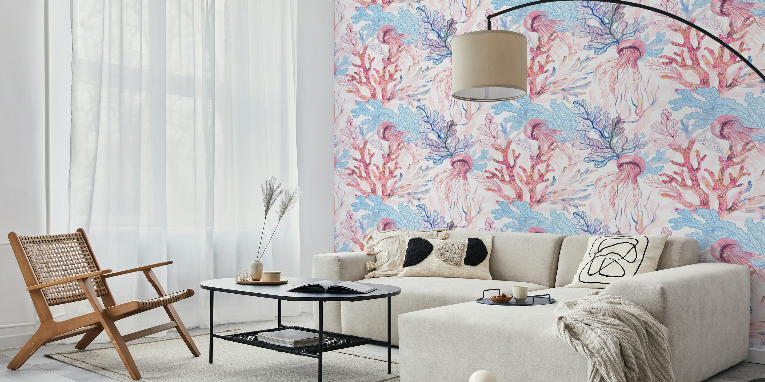 Coral reef wallpaper Design mit Quallen und Korallen.