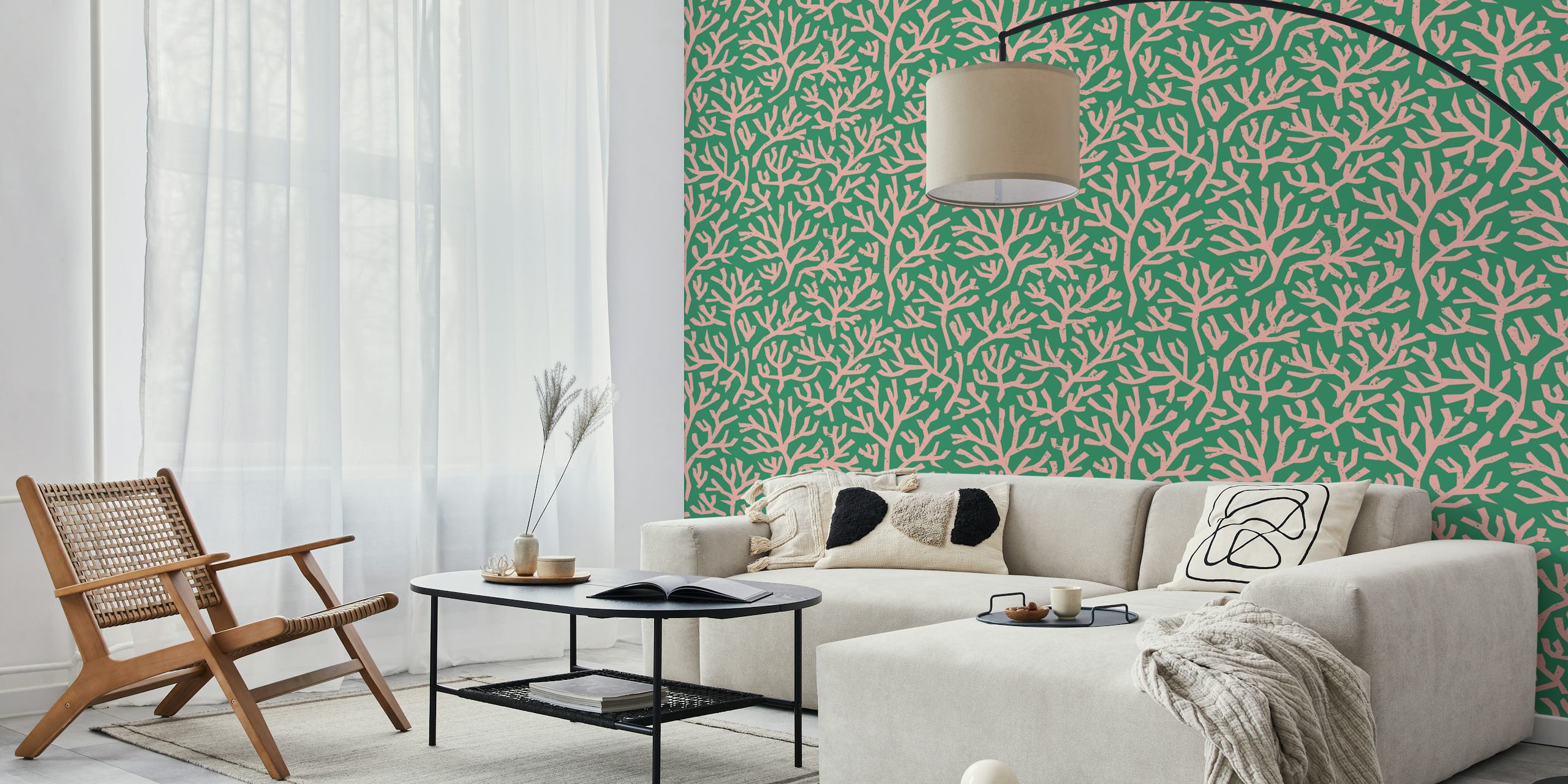 Pink coral branches on green background wallpaper