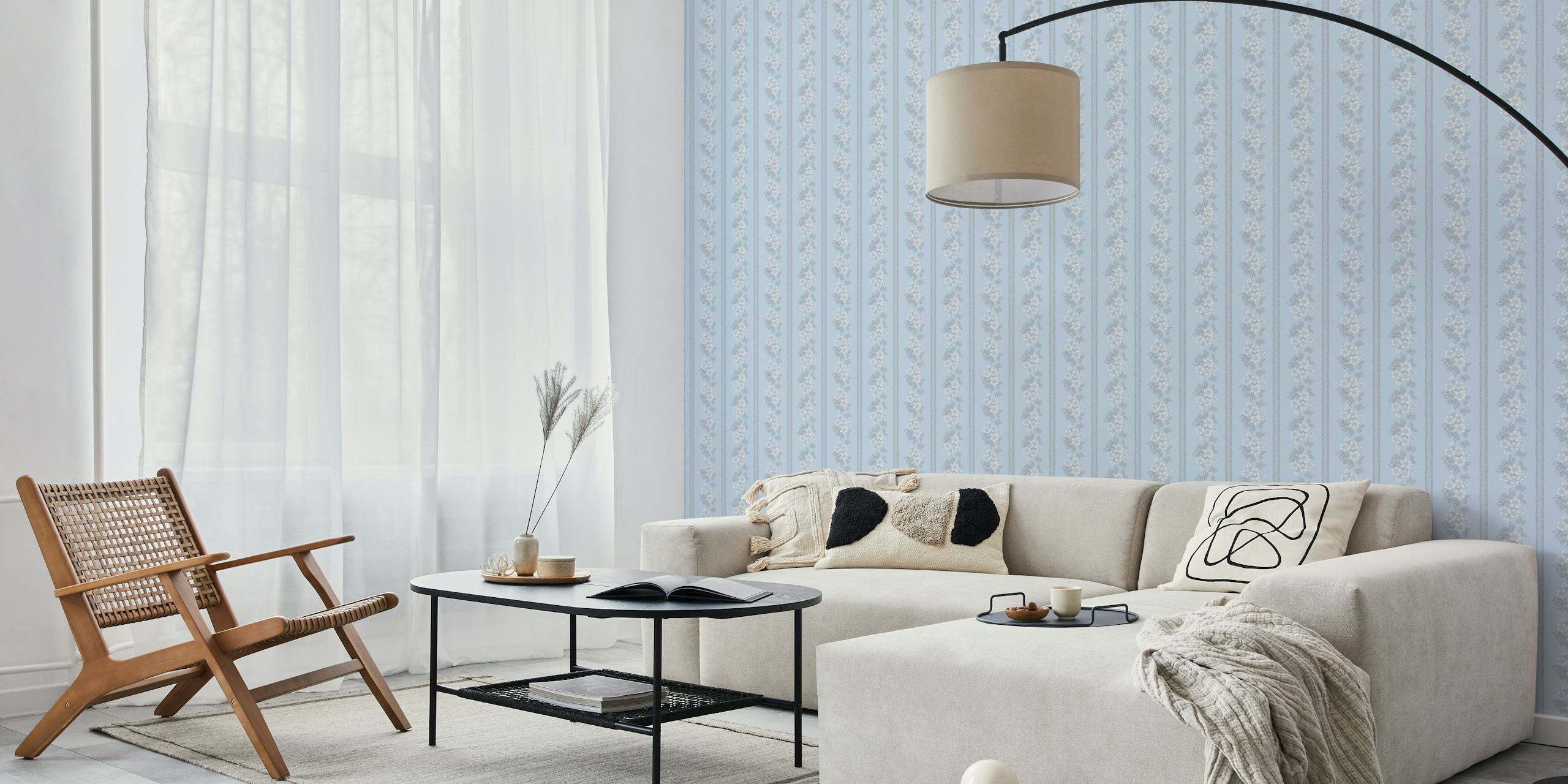 Floral stripe design in light blue wallpaper