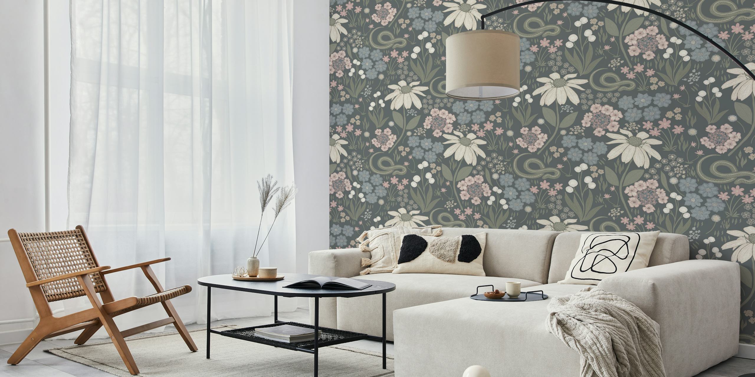Floral patterns with a snake in soft pastel colors on gray wallpaper