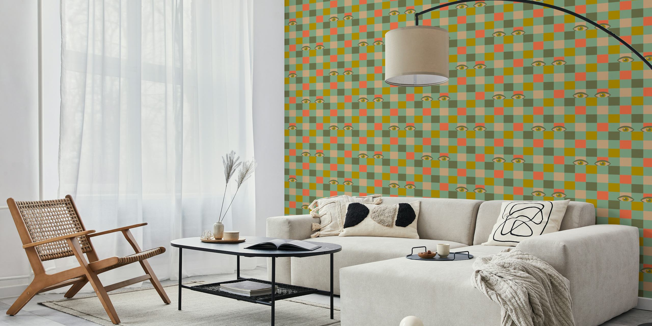 Checkerboard pattern with retro eyes in mint green, peach, and brown wallpaper