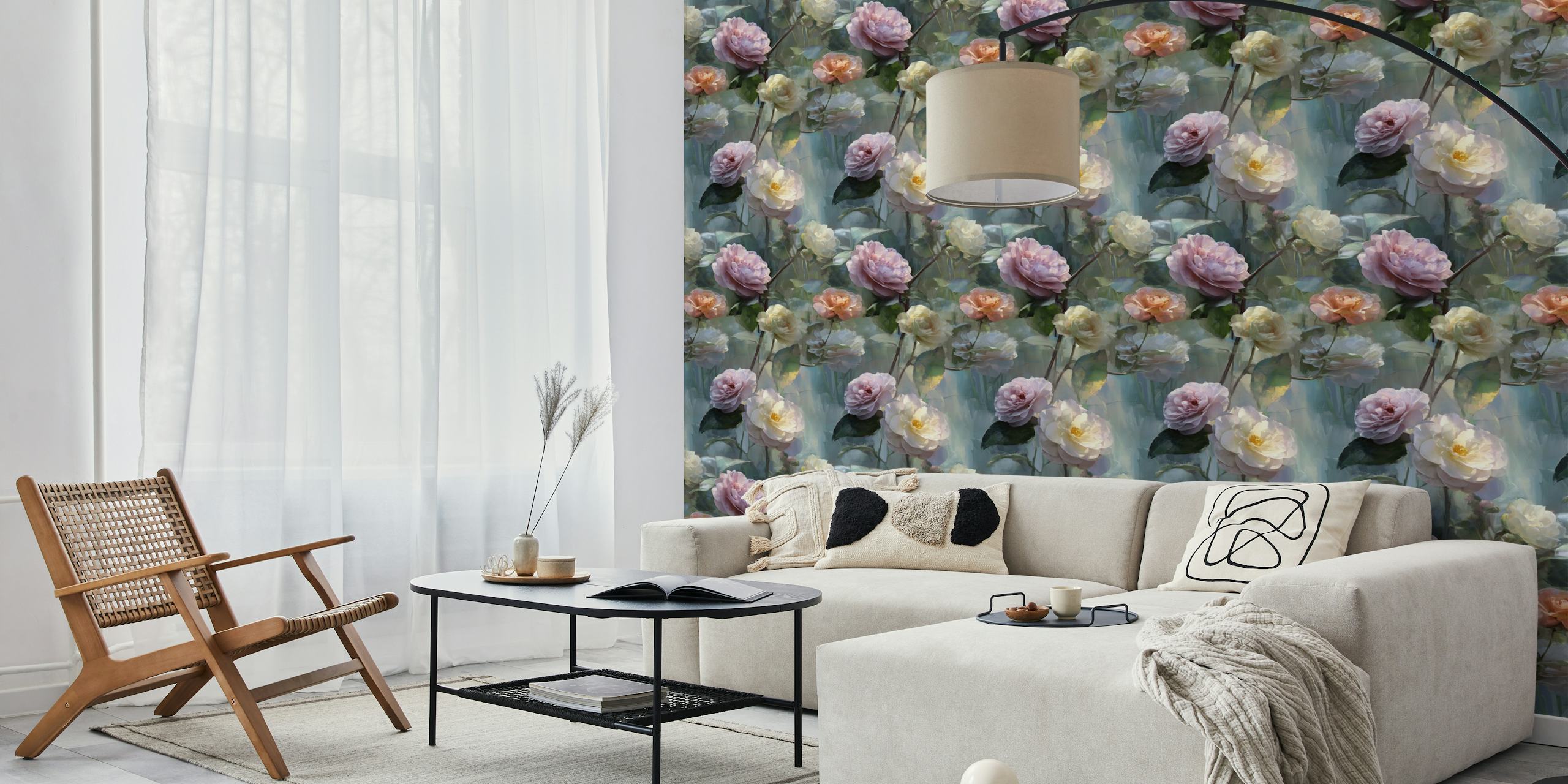 Floral pattern of soft pink and white roses on blue background wallpaper