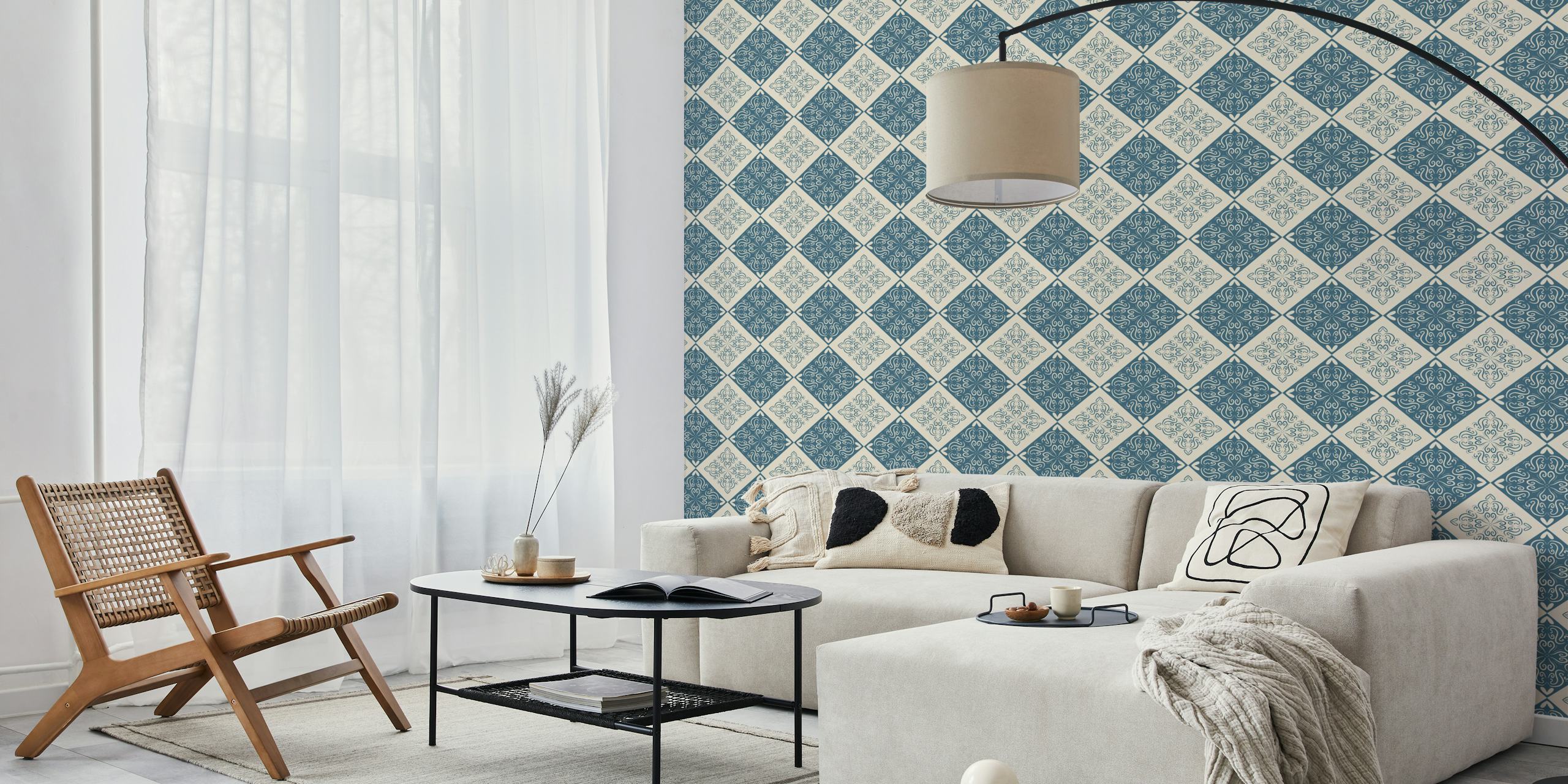 Artisan blue flourish pattern with cream accents wallpaper