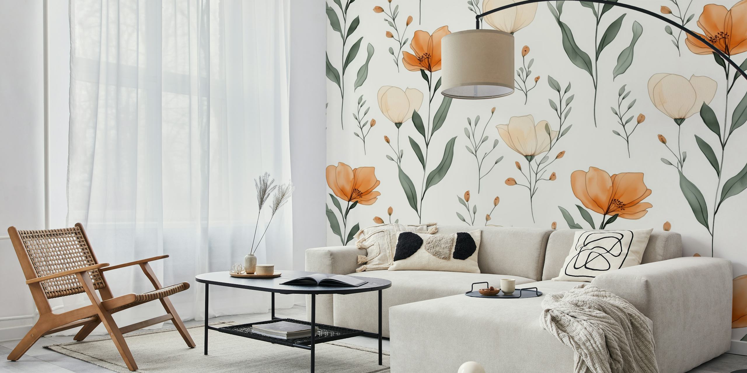 Peach and cream floral design with leaves wallpaper
