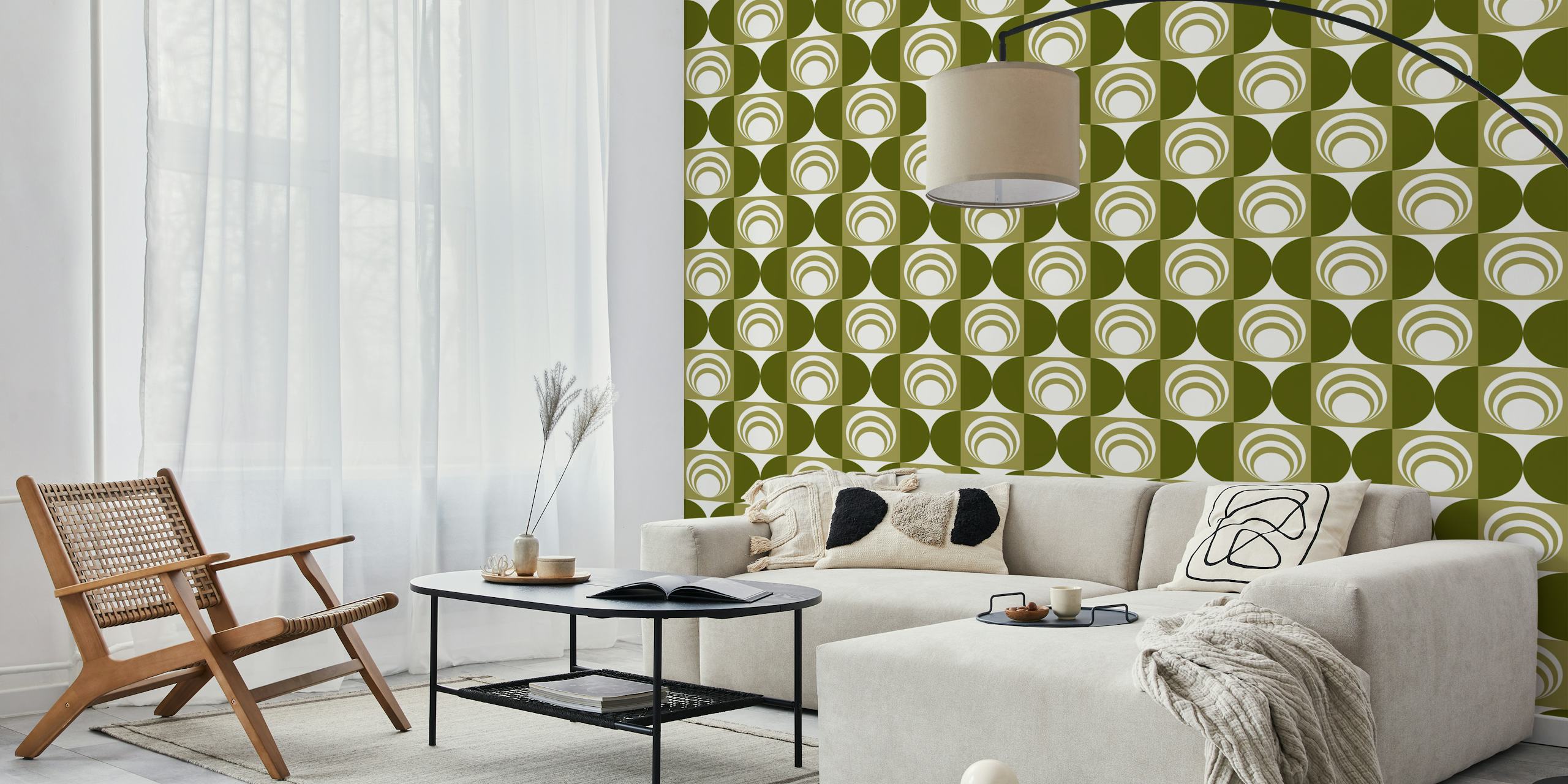 Retro green circle patterns in cream and olive wallpaper