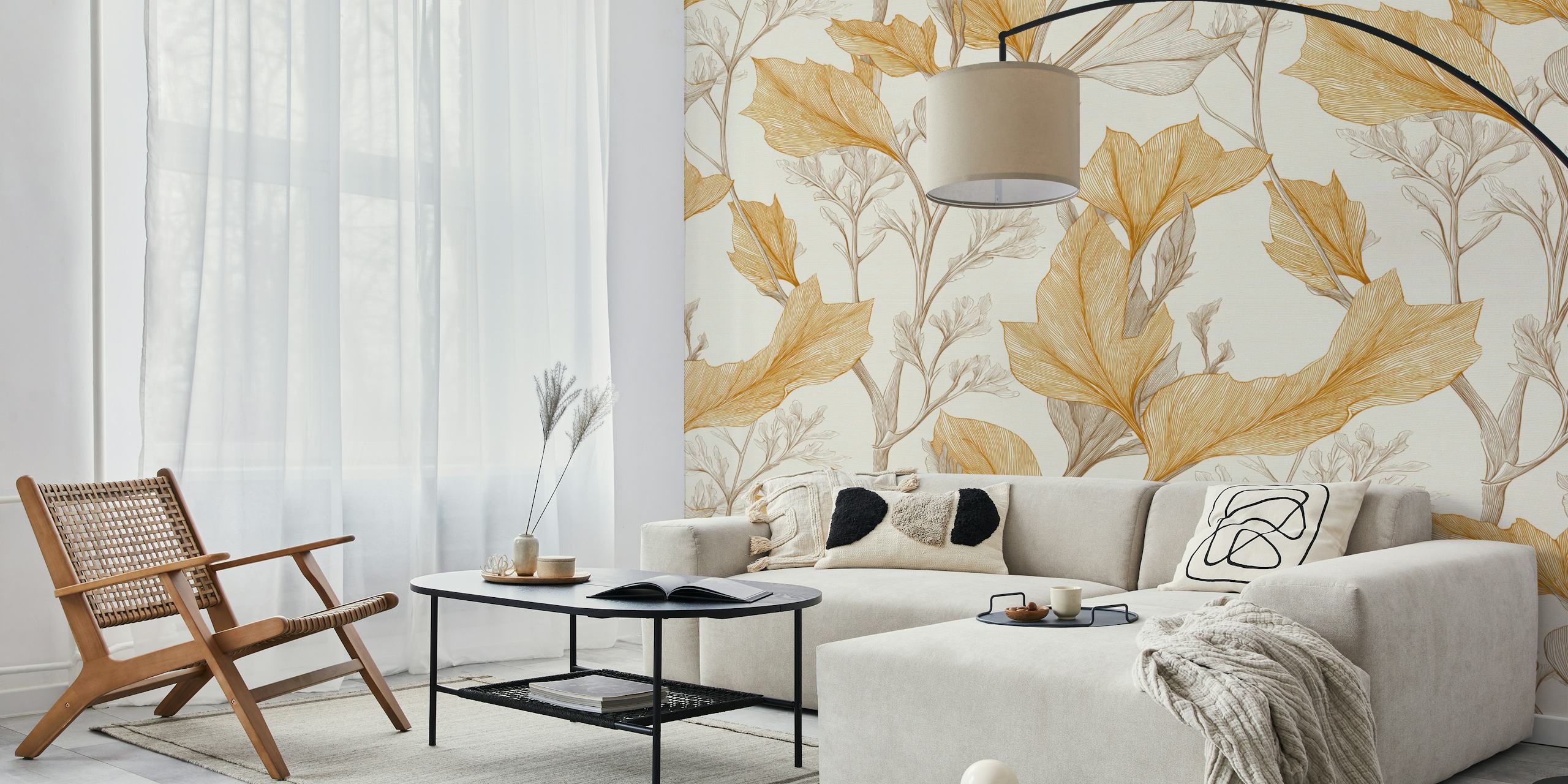 Golden engraved autumn leaves wallpaper in room