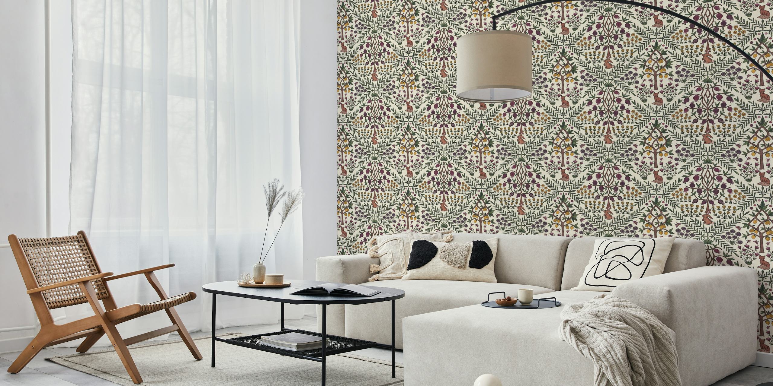 Fox and flower motifs with plum and green tones wallpaper