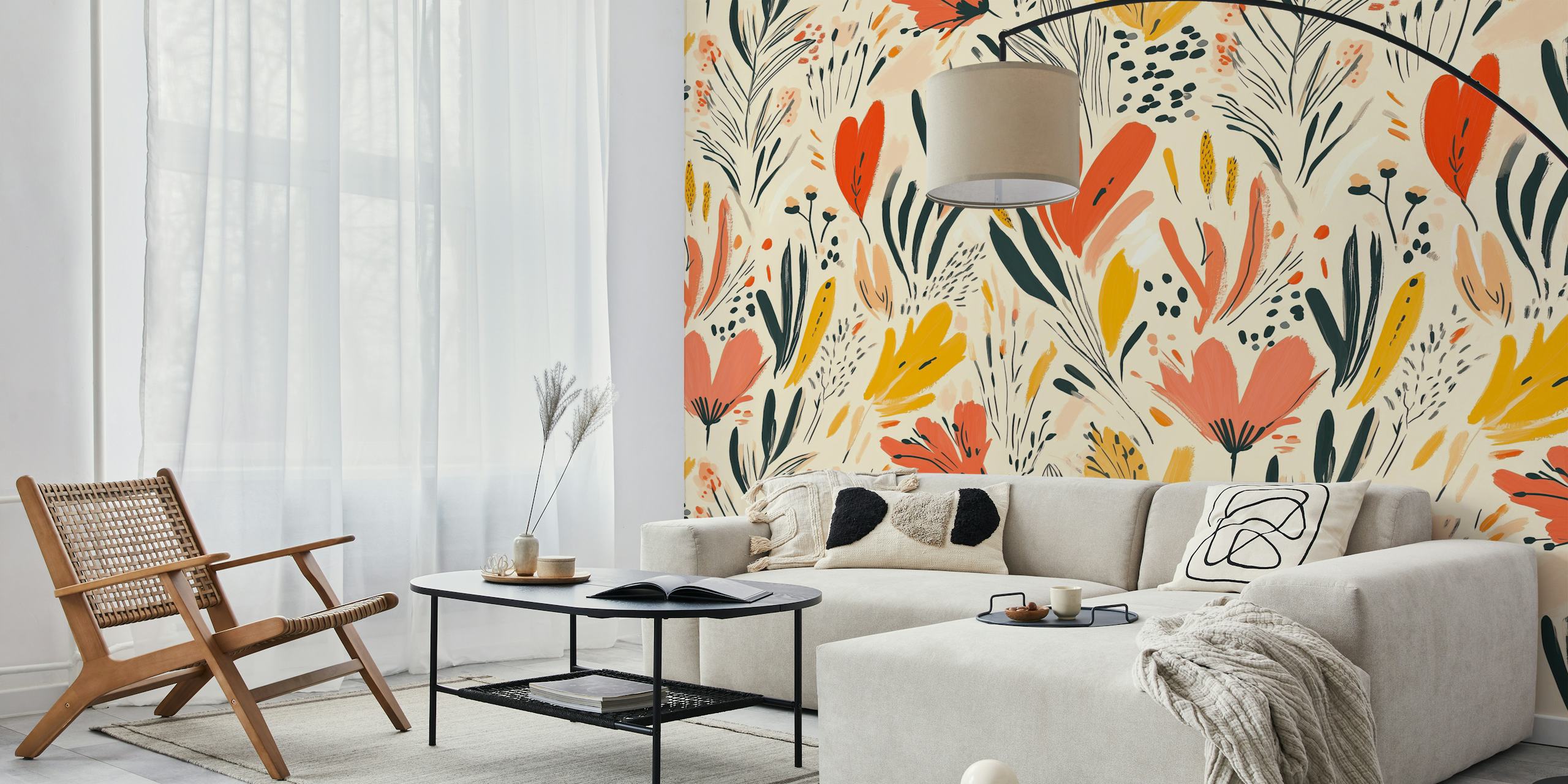 Colorful floral pattern with red, orange, and green details wallpaper