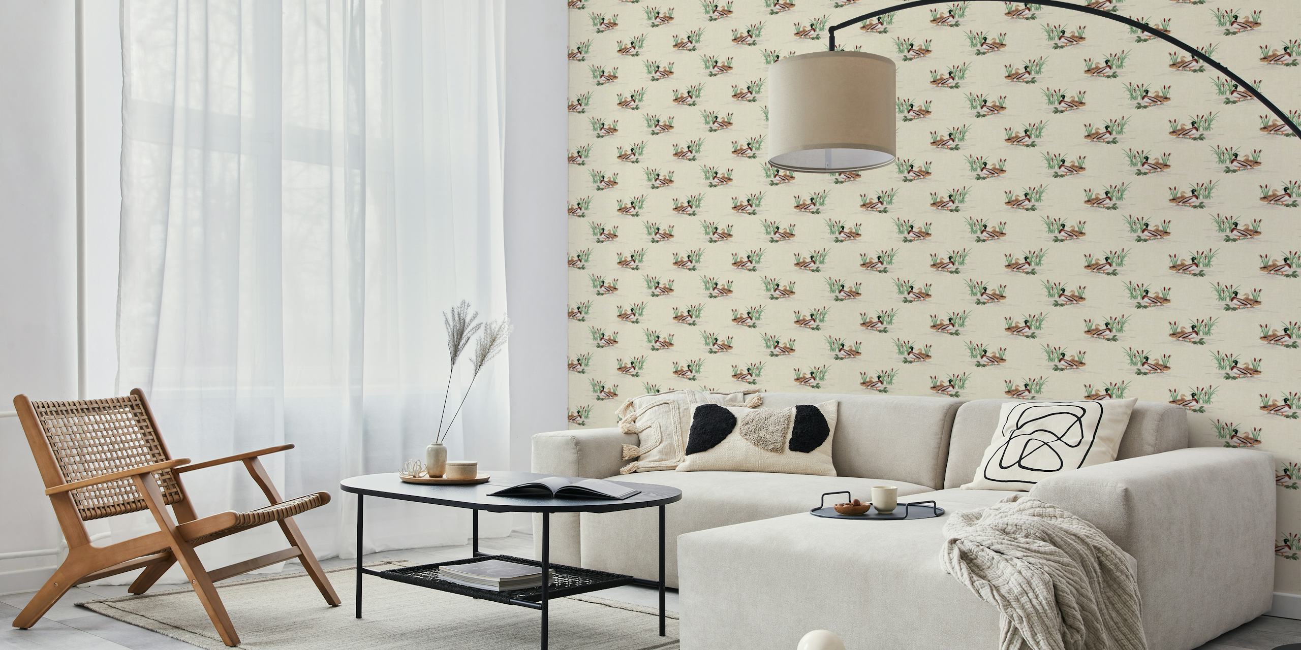 Ducks in a natural setting with cattails and greenery wallpaper