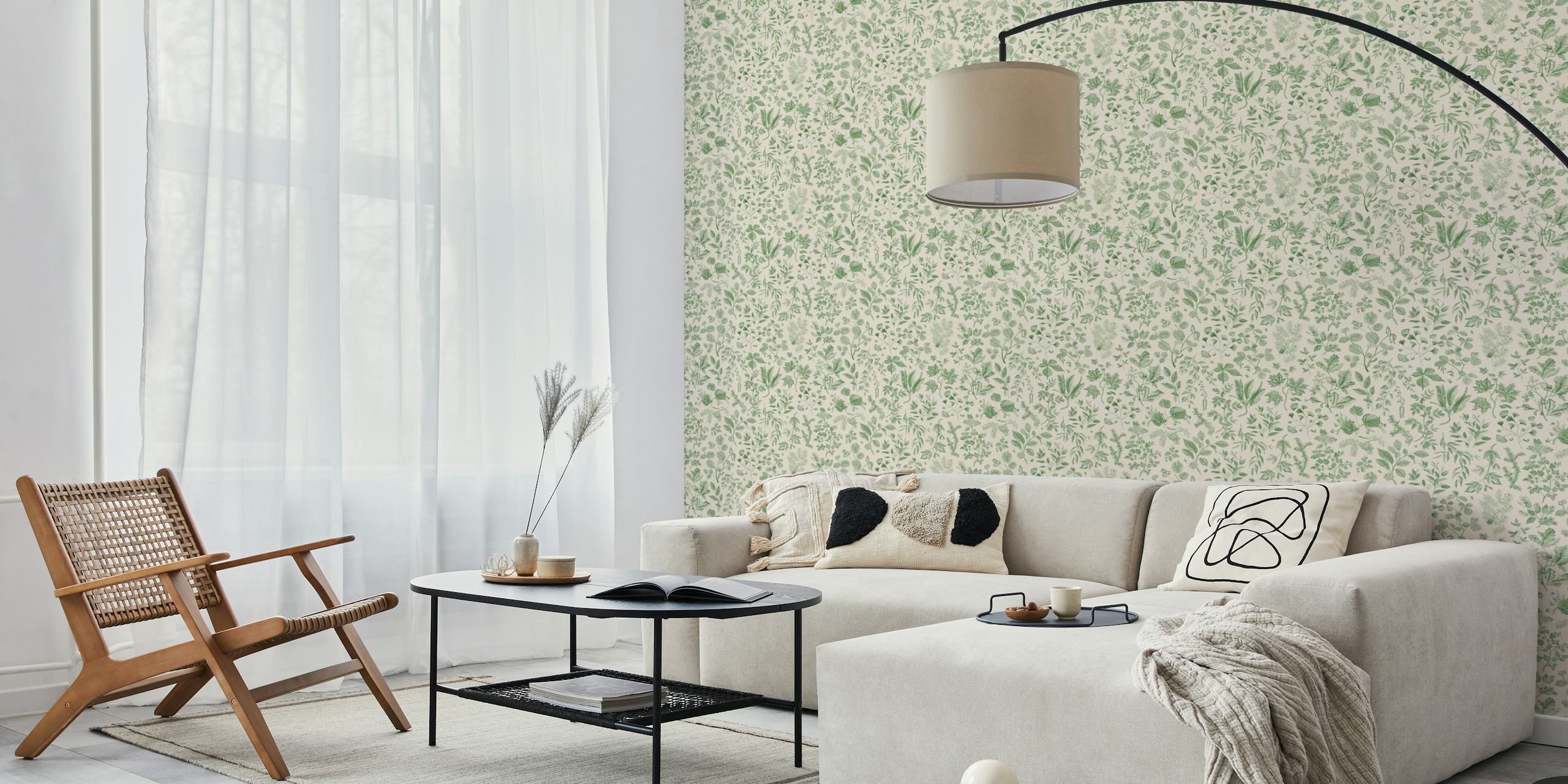 Leafy green wallpaper design in a room