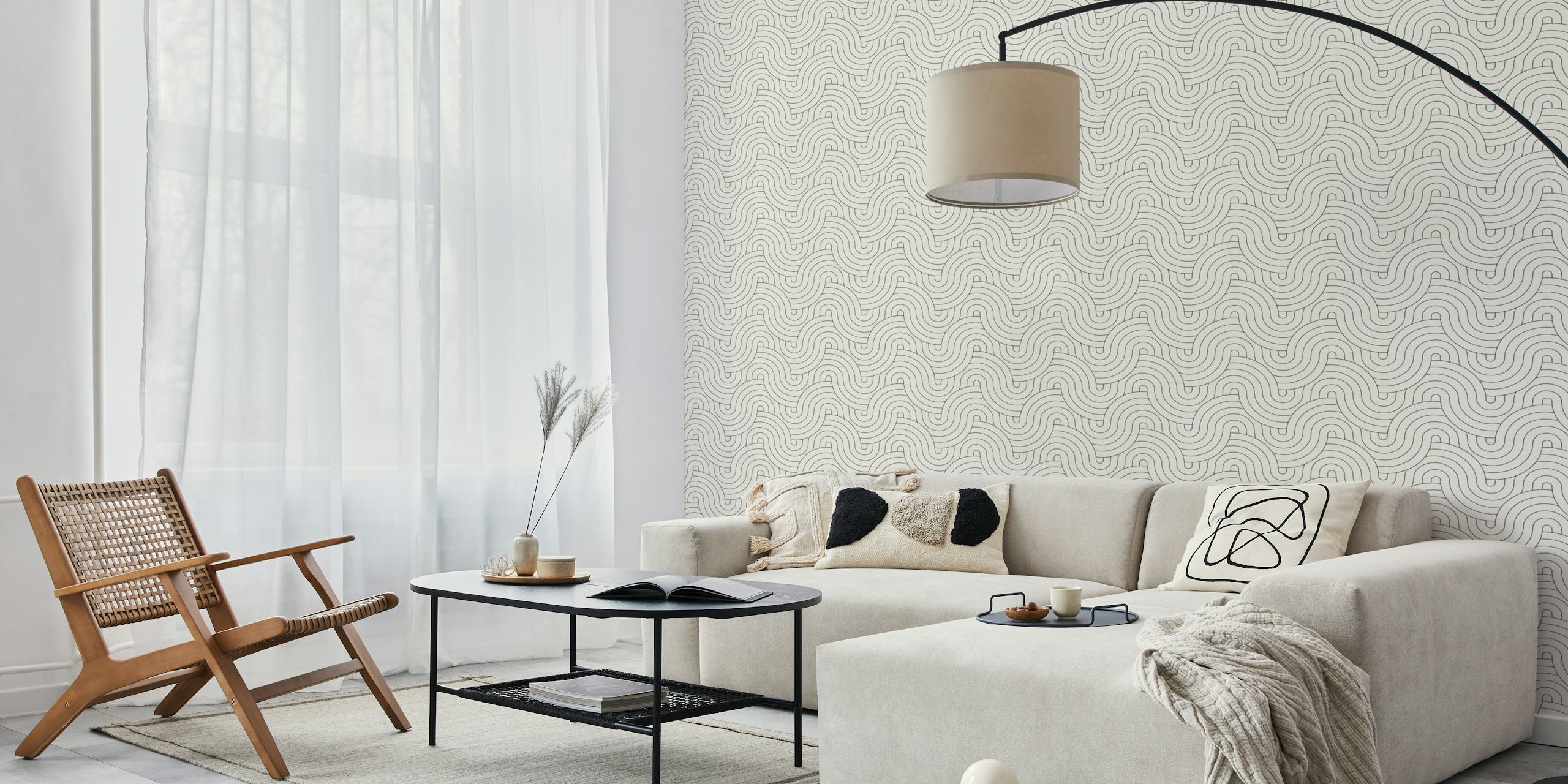 Curved black and white geometric pattern wallpaper