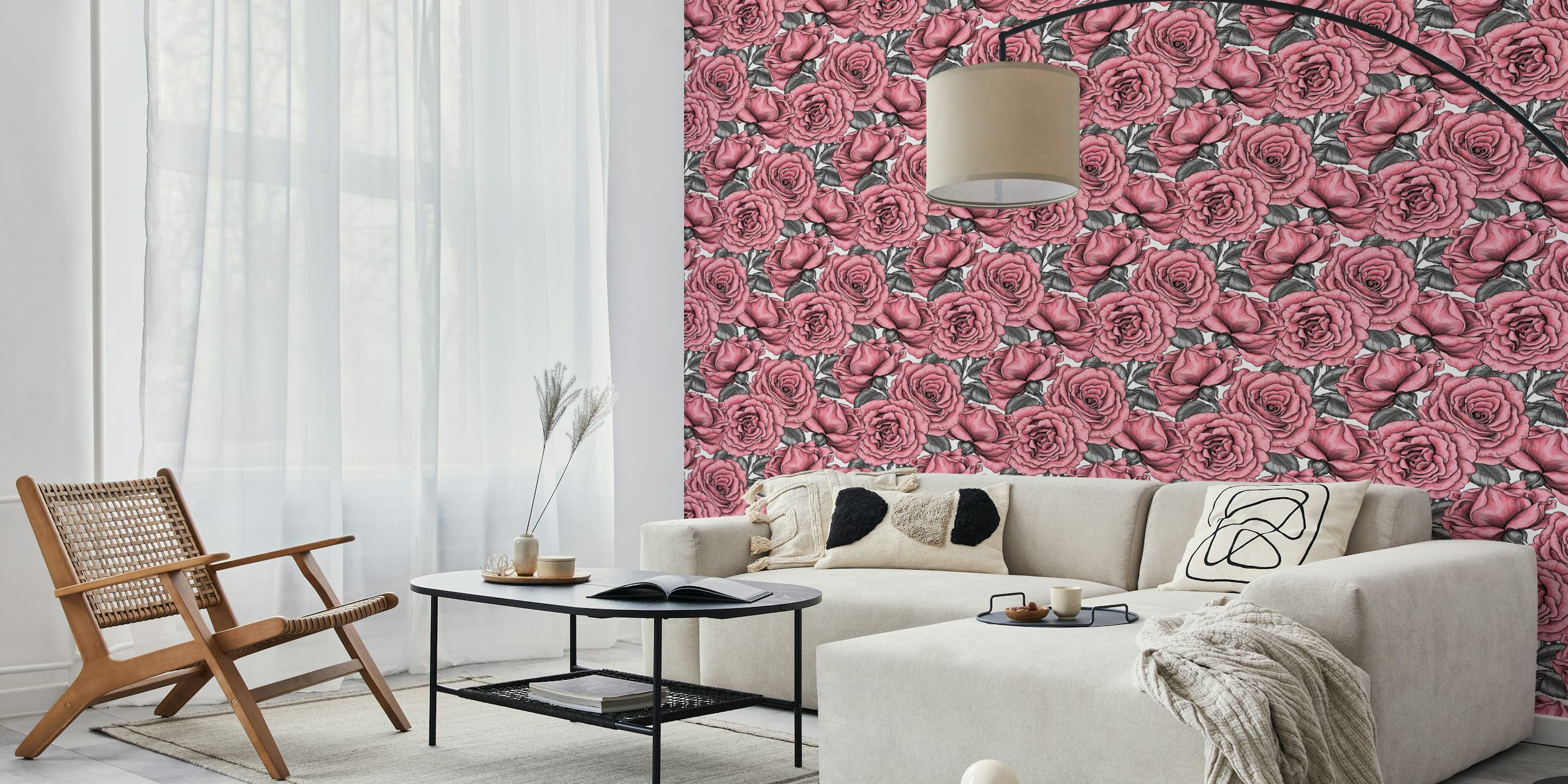 Pink roses with green leaves floral wallpaper