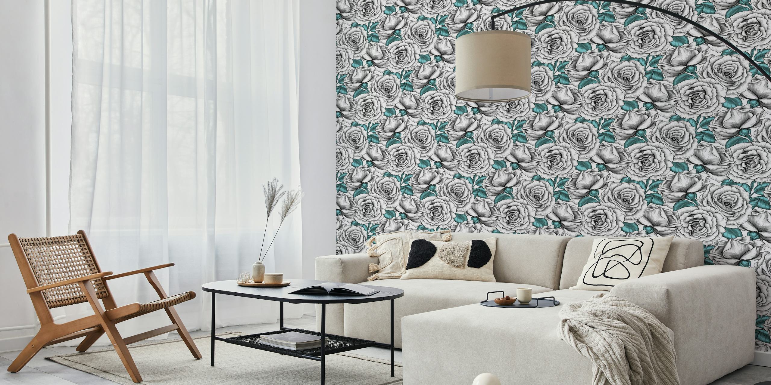 Wallpaper featuring white roses in a room