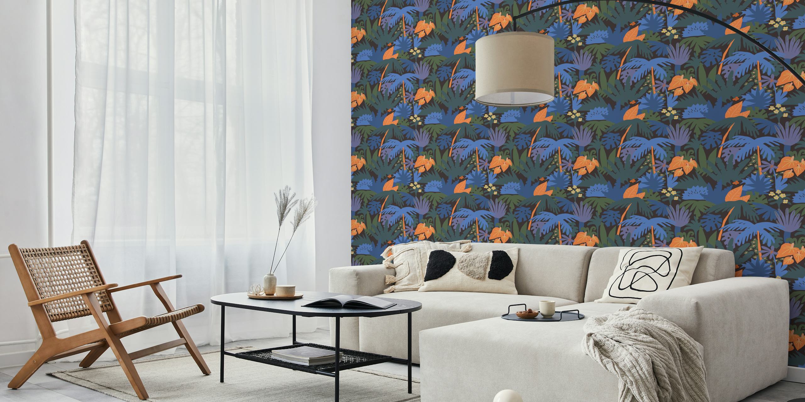 Tropical jungle foliage in green, blue, and orange wallpaper