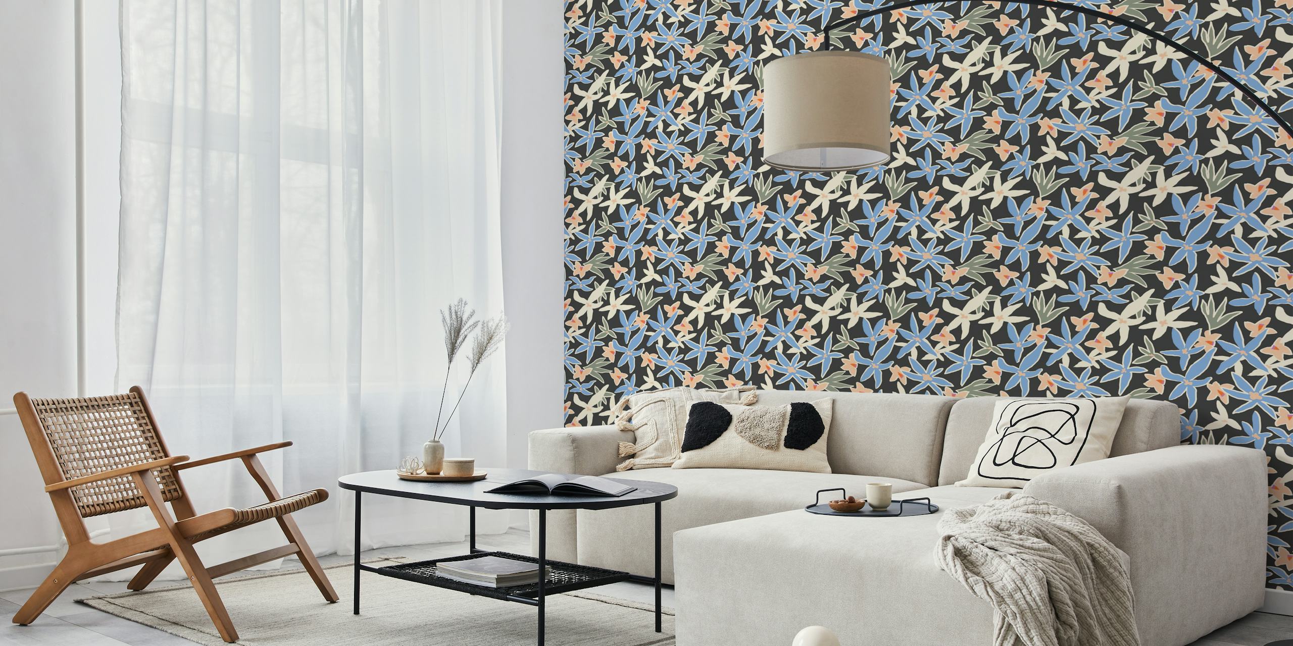 Decorative floral design in blue and peach on a black background wallpaper