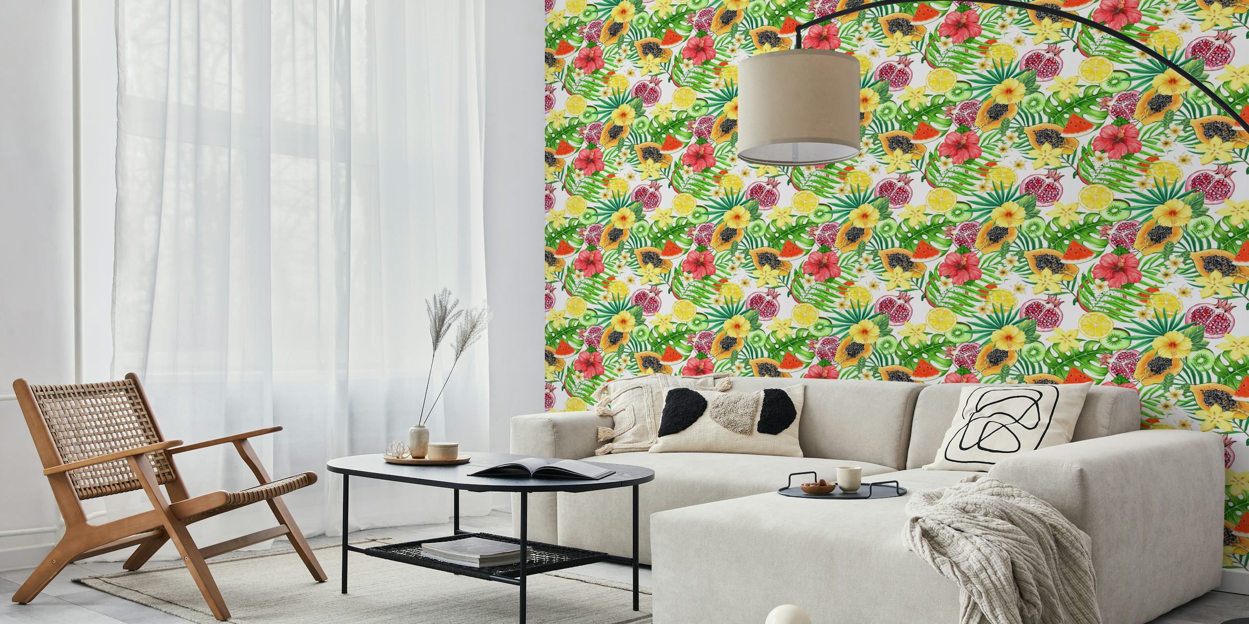 Colorful tropical mix-fruit, flowers and leaves wall mural on white background