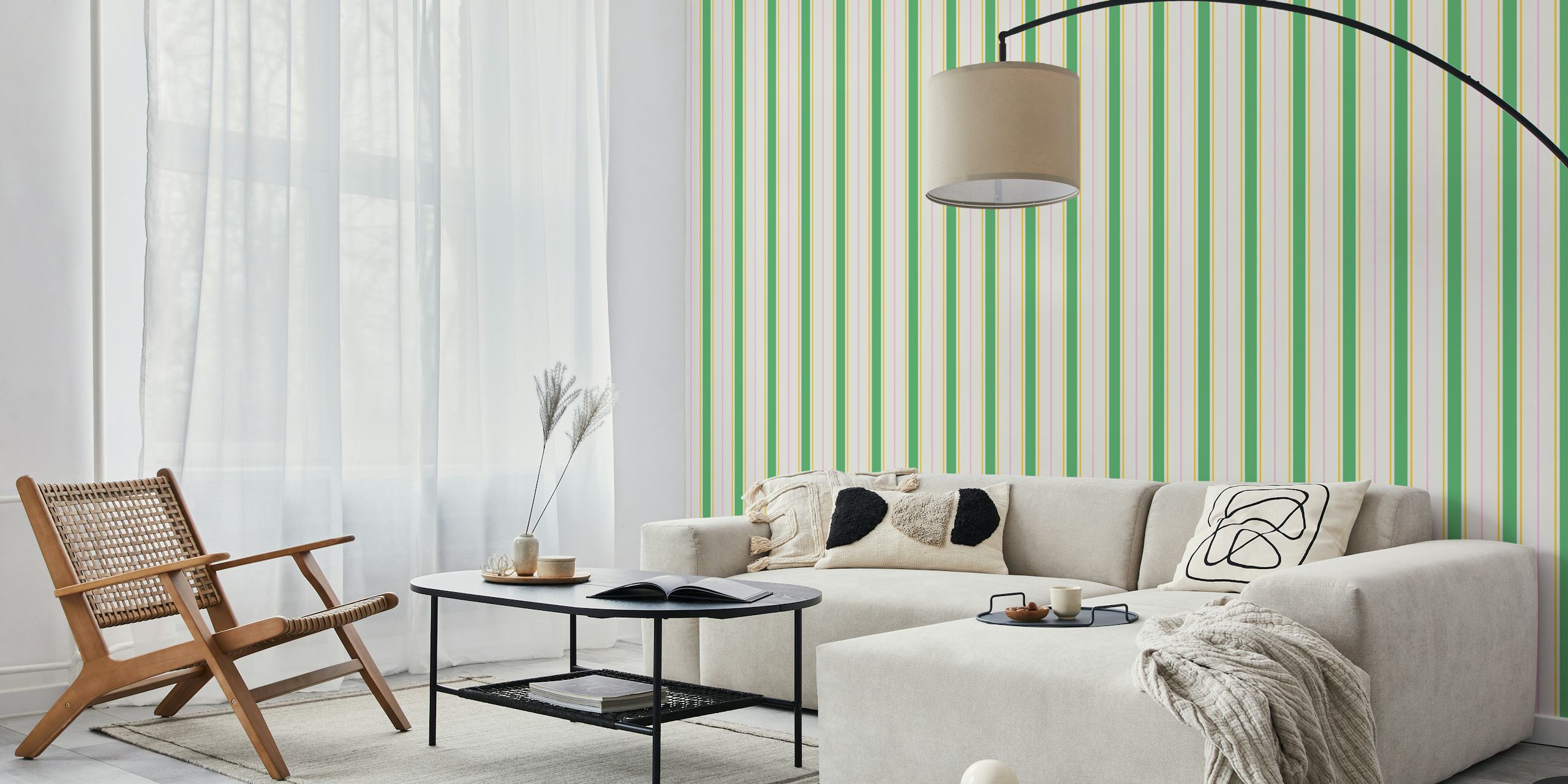 Vibrant summer stripes wall mural in shades of green, yellow, and pink.