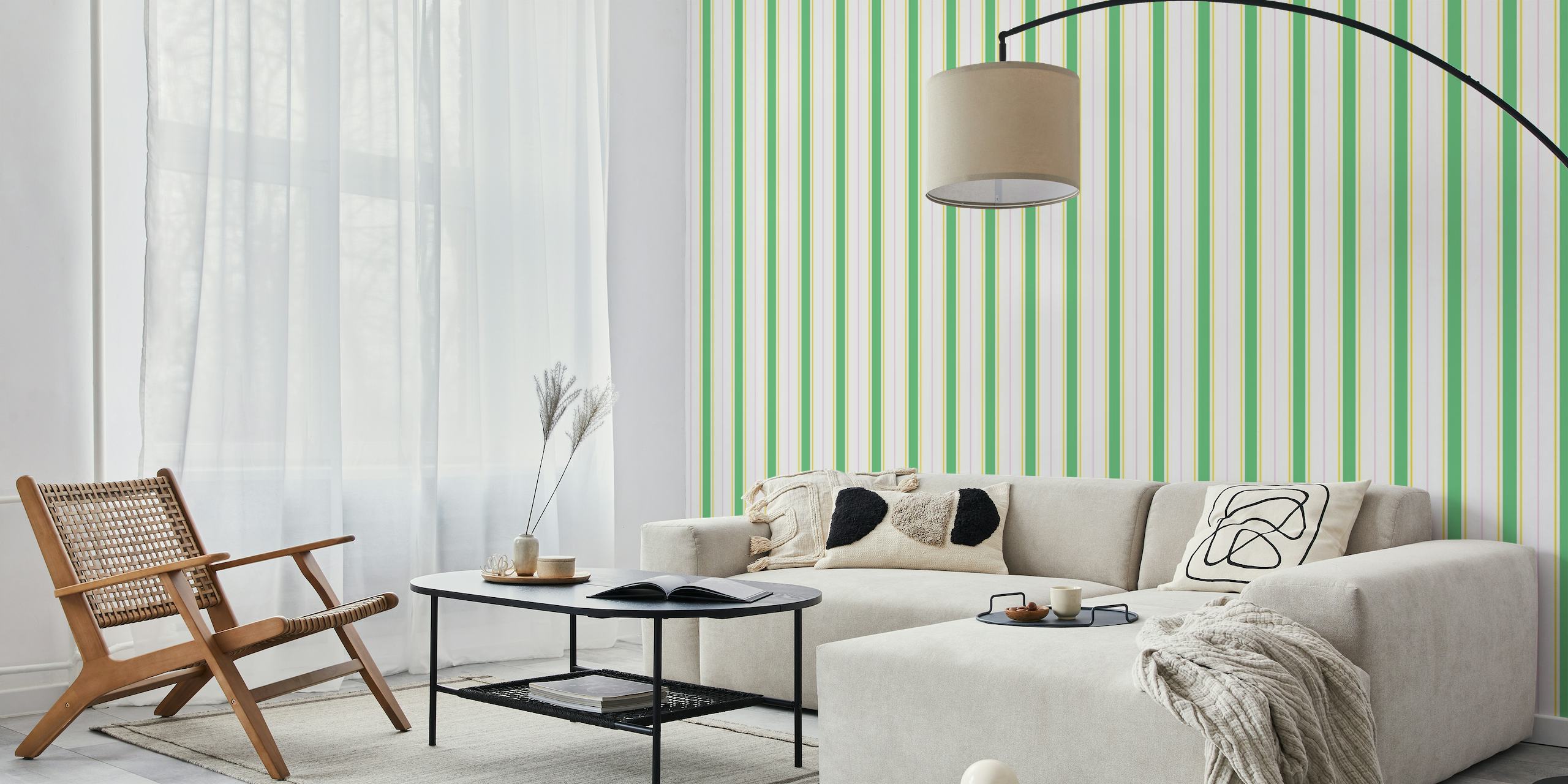 Vibrant summer stripes wall mural in shades of green, yellow, and pink.