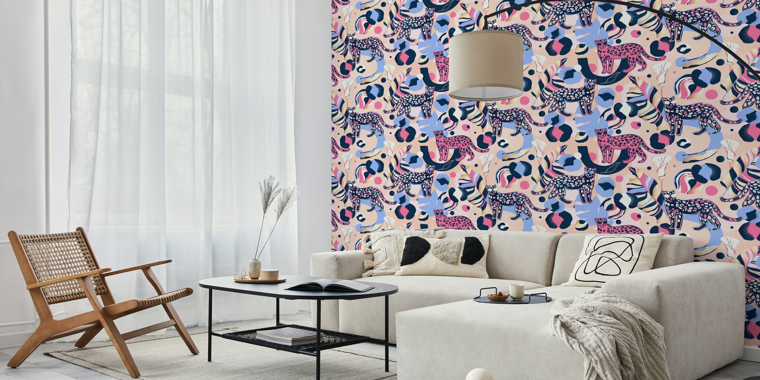 Leopard print design in pink, blue, and cream colors wallpaper