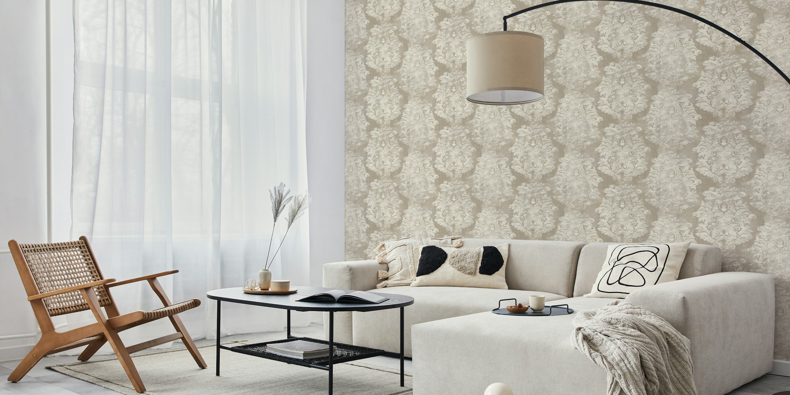 Antique Damask Pattern Beige wallpaper in a room