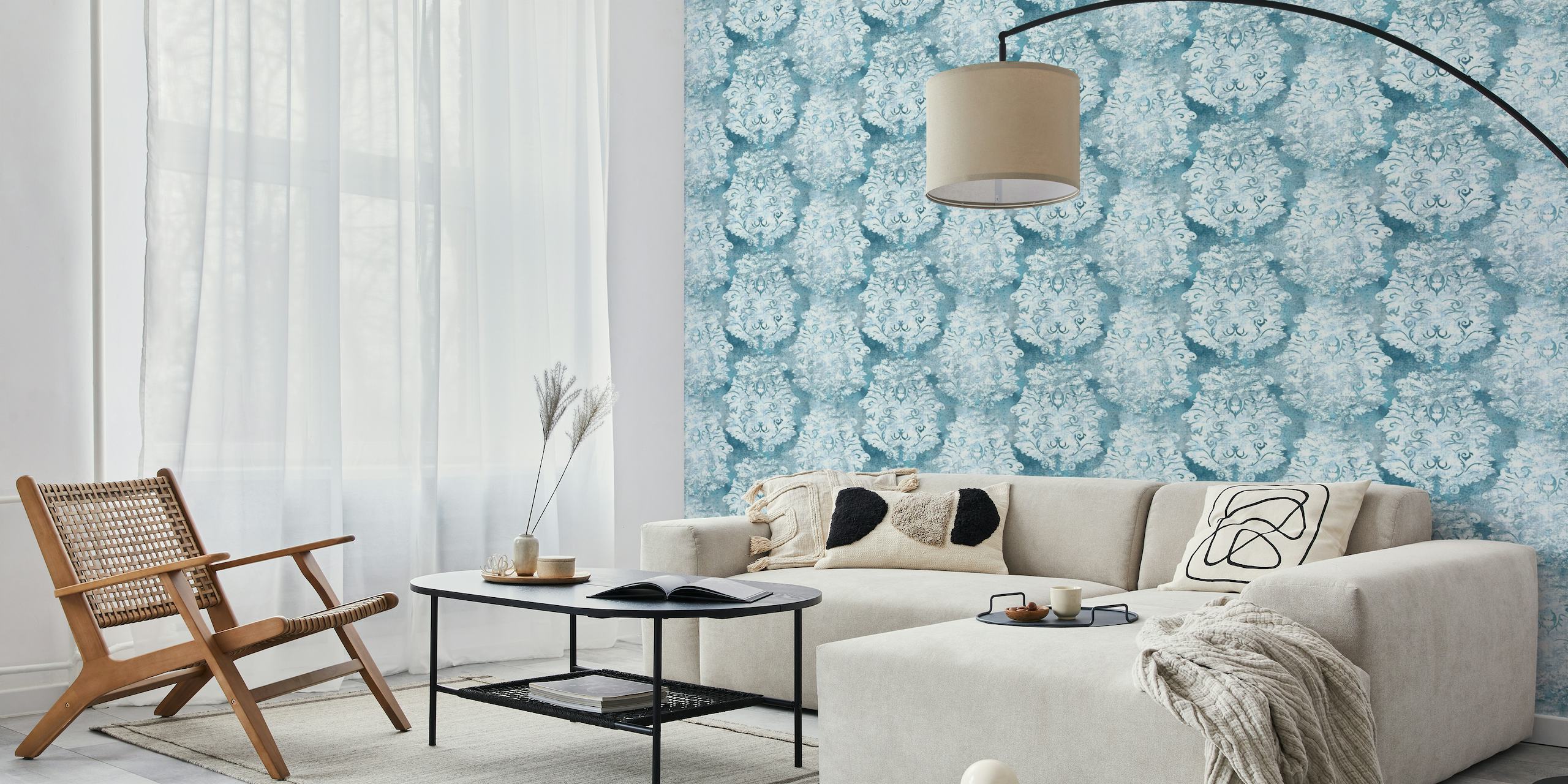 Antique damask pattern wall mural in teal blue with white floral motifs.