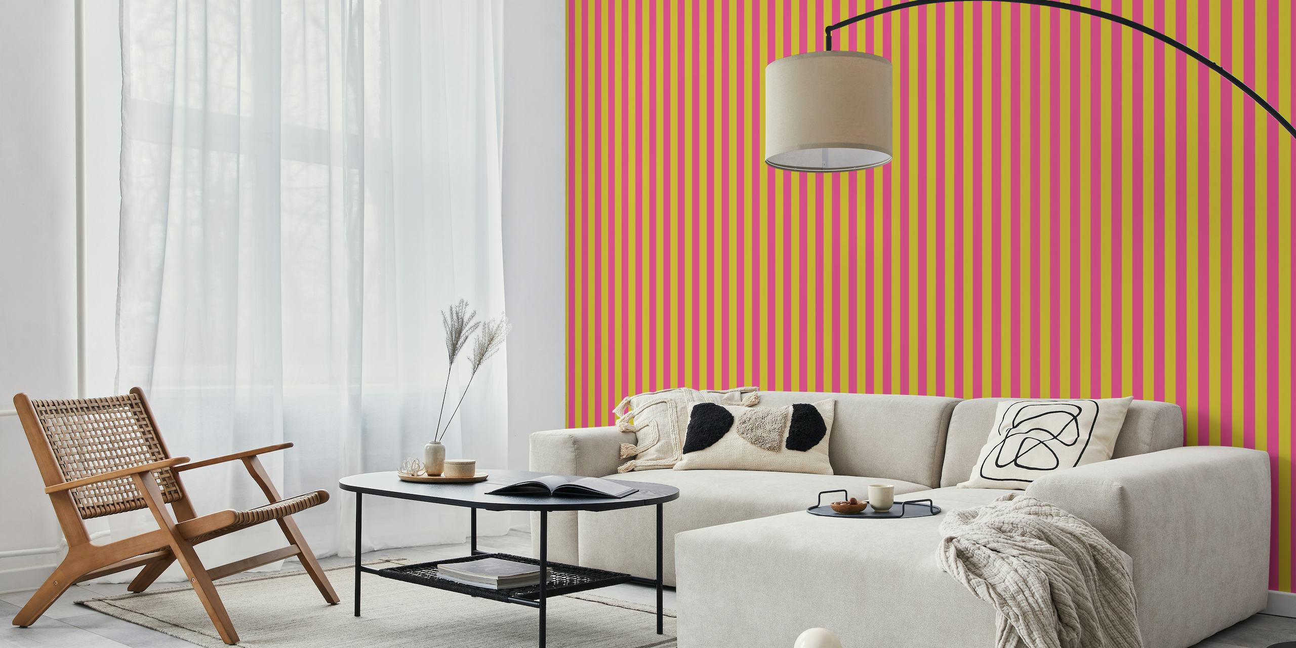 70s striped wall mural in empire yellow and hot pink
