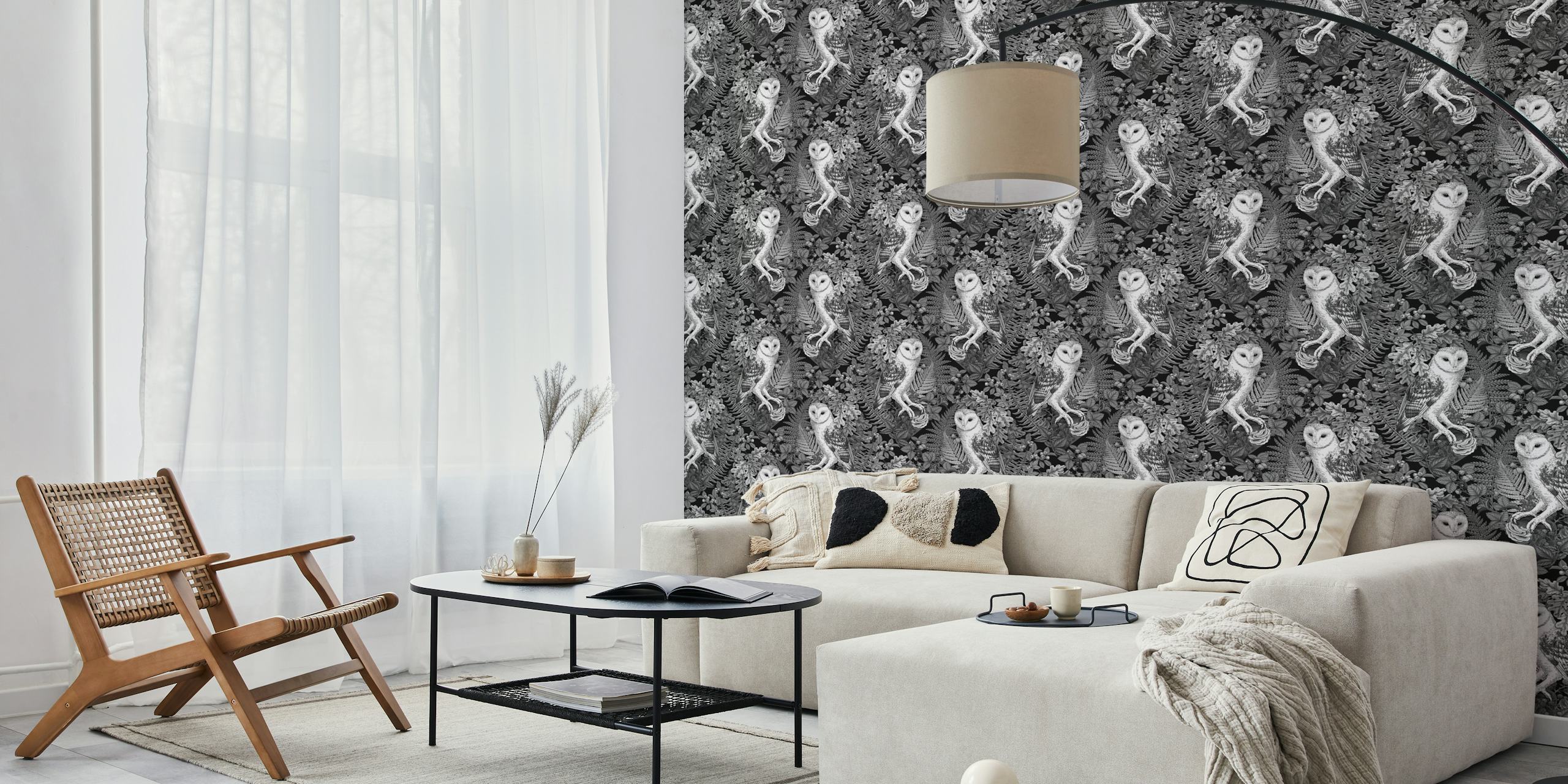 Monochrome owls and ferns wallpaper in a room