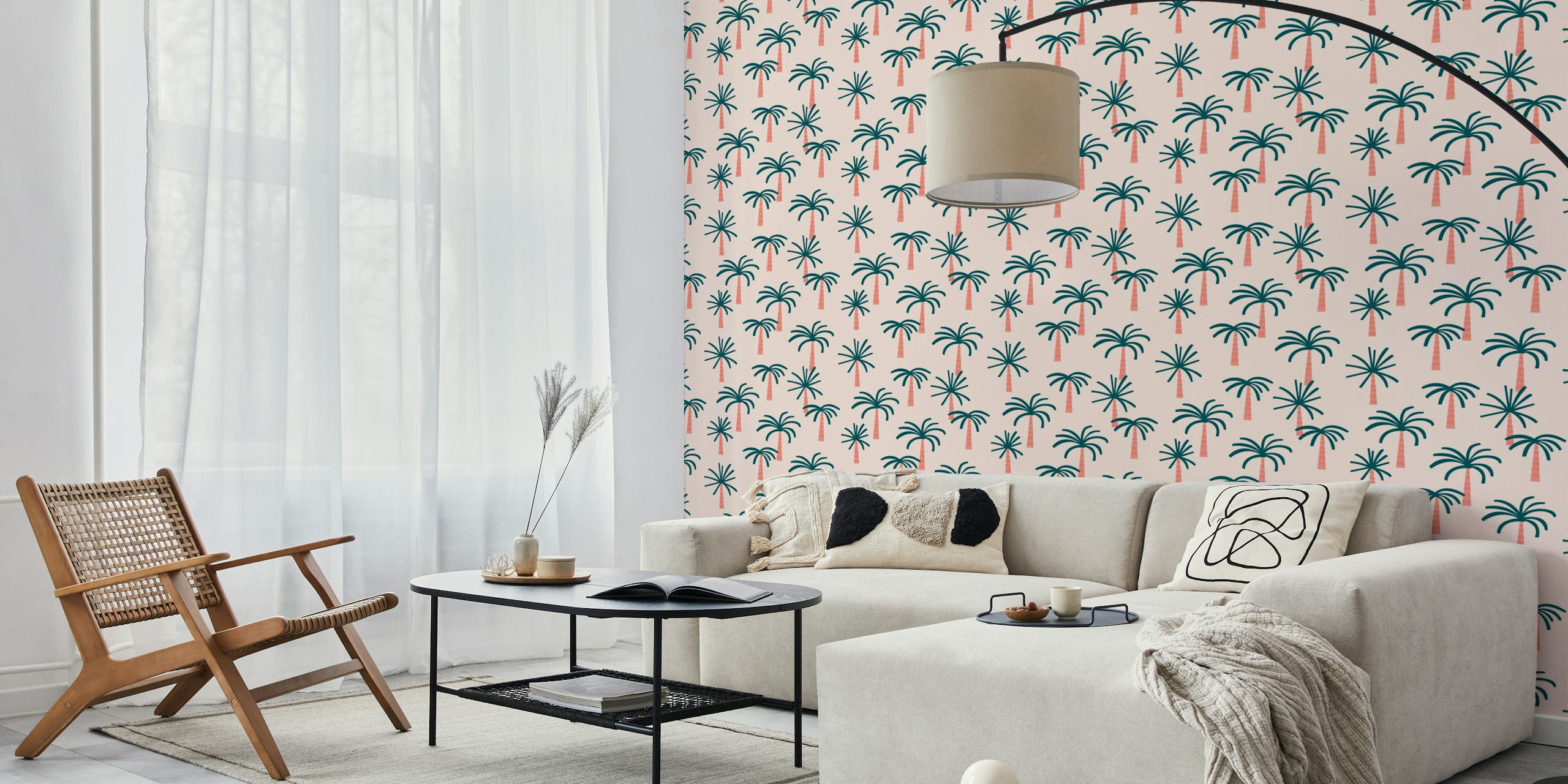 Palms on pink wallpaper in a room