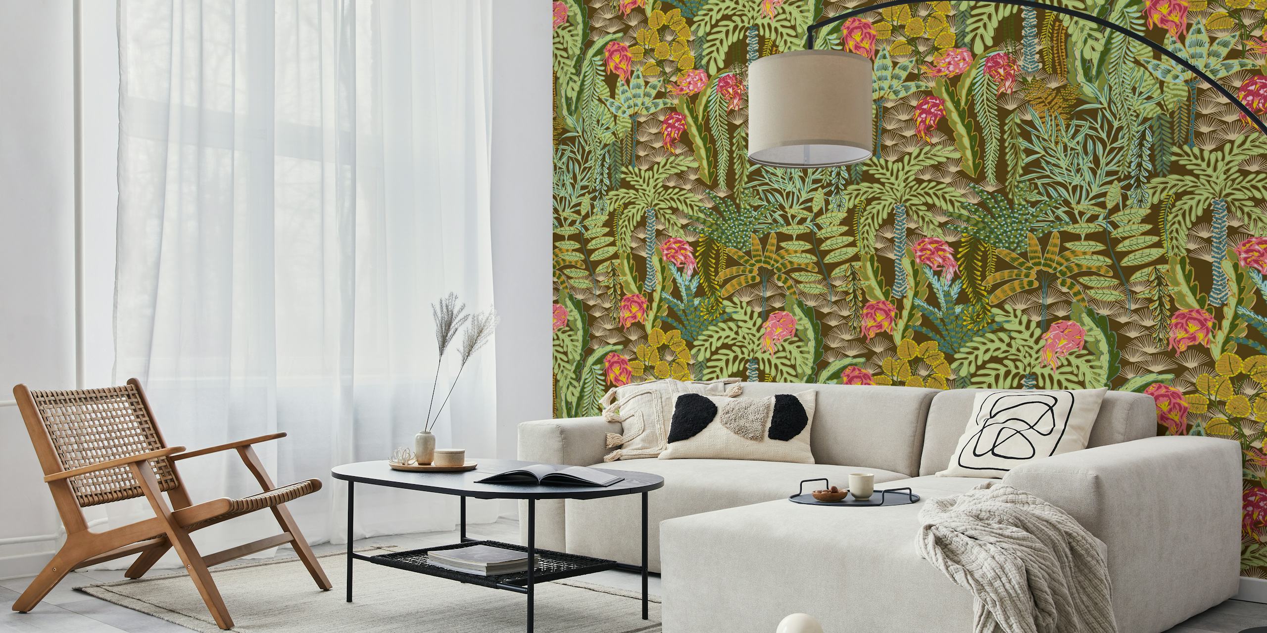 Exotic tropical flora wall mural featuring dragon fruit and lush greenery on a dark brown background